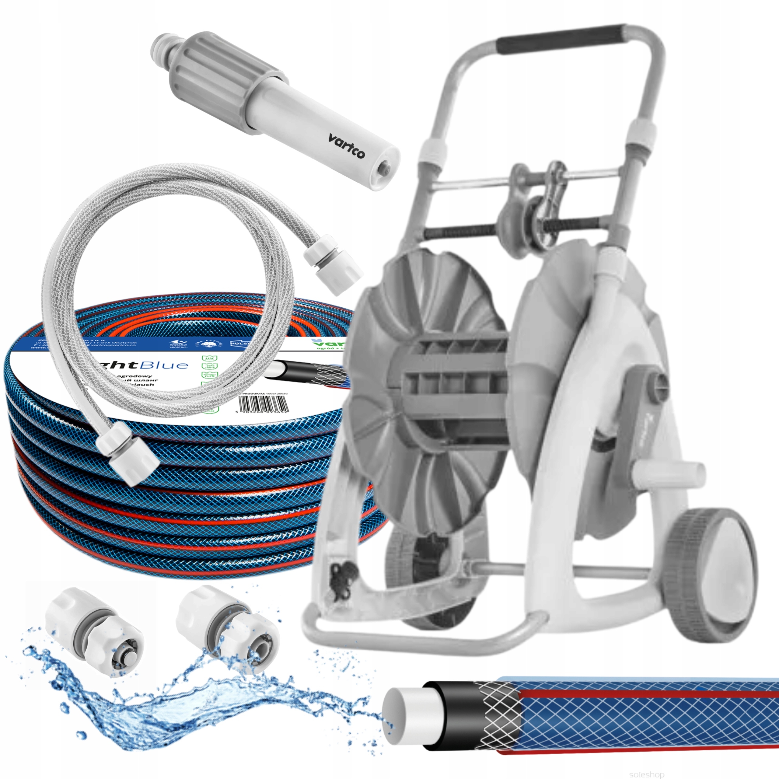 ZESTAW WÓZEK BĘBEN STOJAK + WĄŻ OGRODOWY 1/2" 20MB + ZRASZACZ +3 xZŁĄCZKA