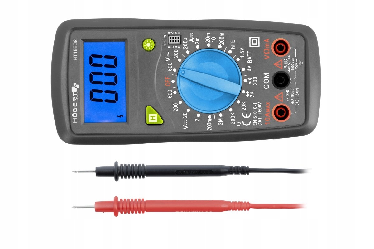 HOGERT MULTIMETR MIERNIK UNIWERSALNY LCD TESTER PRĄDU + PRZEWODY HT1E602