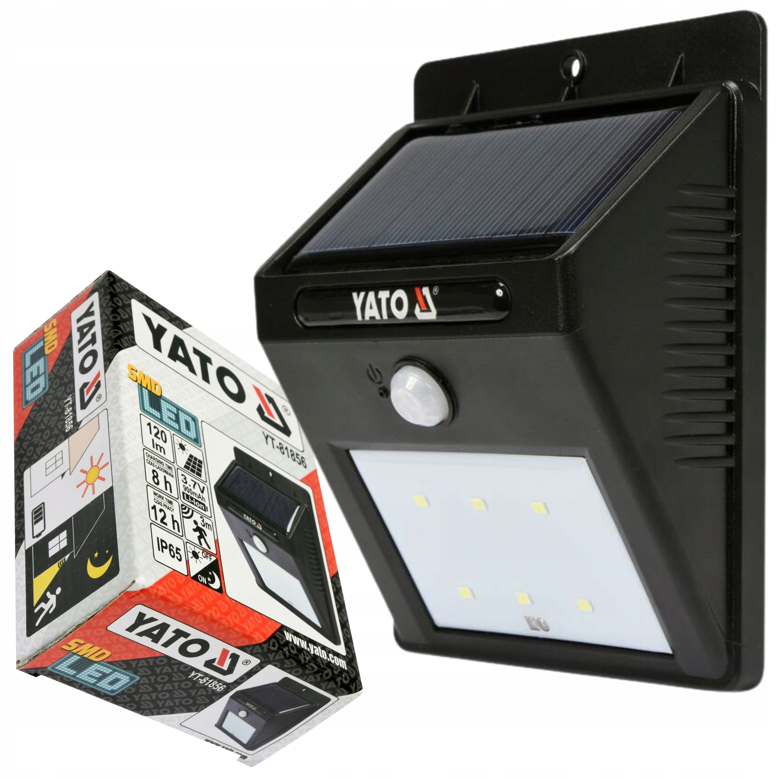 YATO LAMPA ŚCIENNA SOLARNA Z CZUJNIKIEM RUCHU 6 SMD LED 120lm IP65 YT-81856