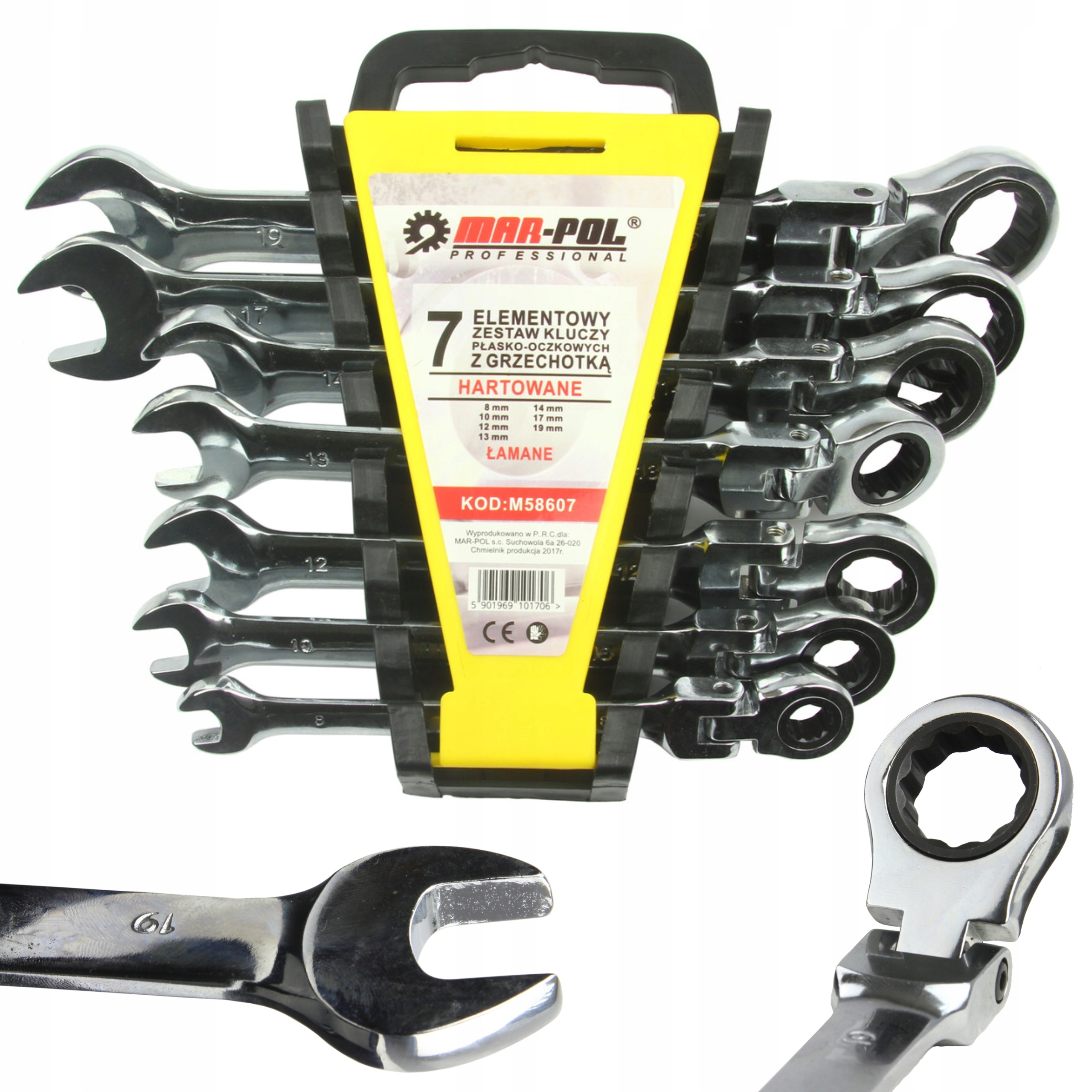 ZESTAW KOMPLET KLUCZE PŁASKO-OCZKOWE Z GRZECHOTKĄ ŁAMANE 8-19mm CLIP M58607