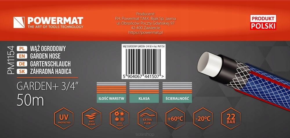 WĄŻ OGRODOWY GUMOWY 4-WARSTWOWY 20BAR 3/4'' 50M PODLEWANIA +ZŁĄCZKI POLSKI