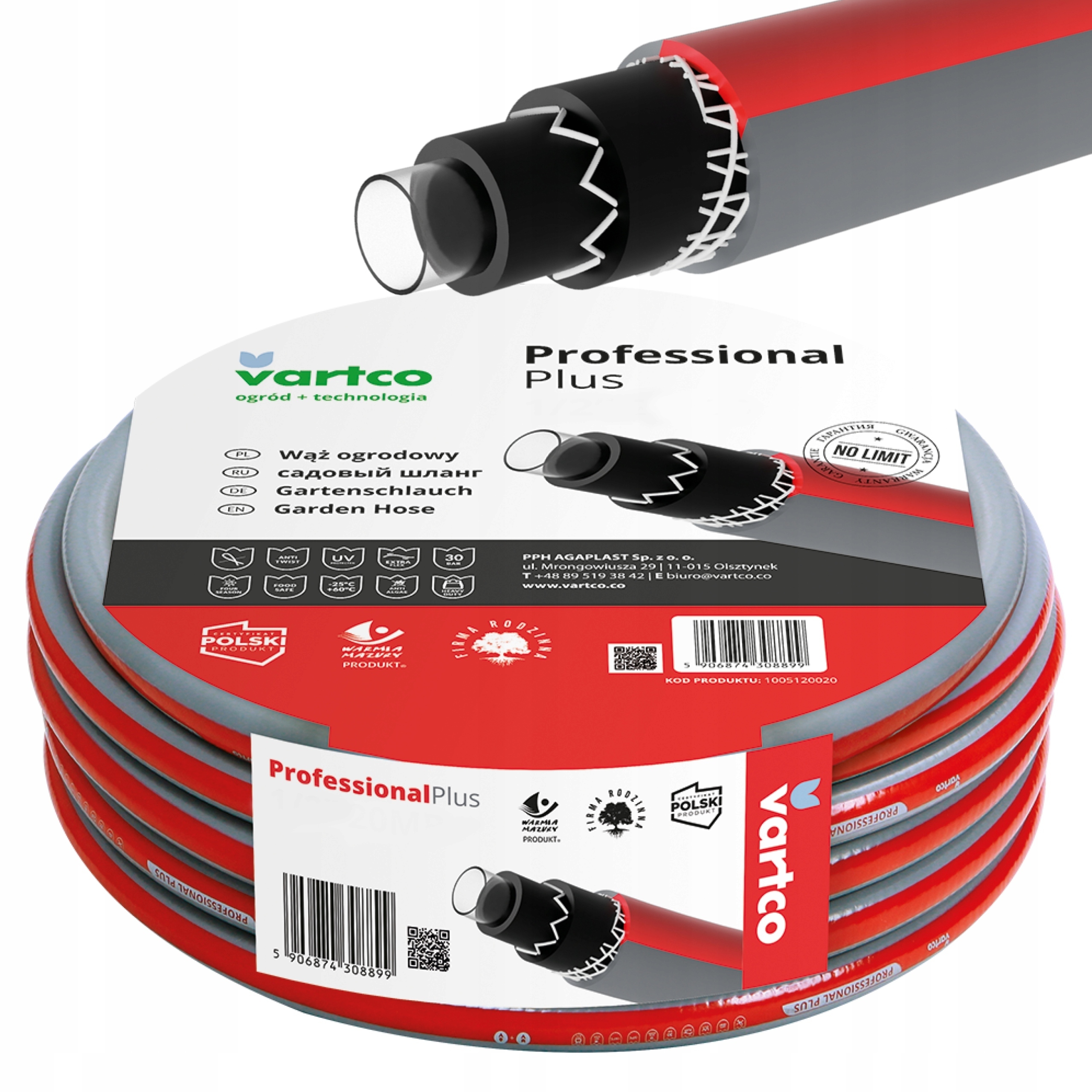 VERTCO WĄŻ OGRODOWY ZBROJONY 6-WARSTWOWY ELASTYCZNY 30BAR 1/2'' 30M POLSKI