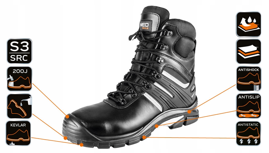 NEO 82-175 TRZEWIKI ROBOCZE METALOWE S3 SRC CZARNE SKÓRZANE ŚNIEGOWCE R. 42