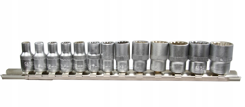 ZESTAW NASADEK NA LISTWIE NASADKI 1/4 KLUCZE DWUNASTOKĄTNE SPLINE 4-14 13el