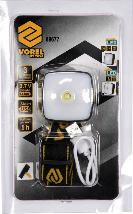 LAMPA CZOŁOWA 3W LED I 4 SMD LED AKUMULATOROWA CZOŁÓWKA USB 3 TRYBY 88677