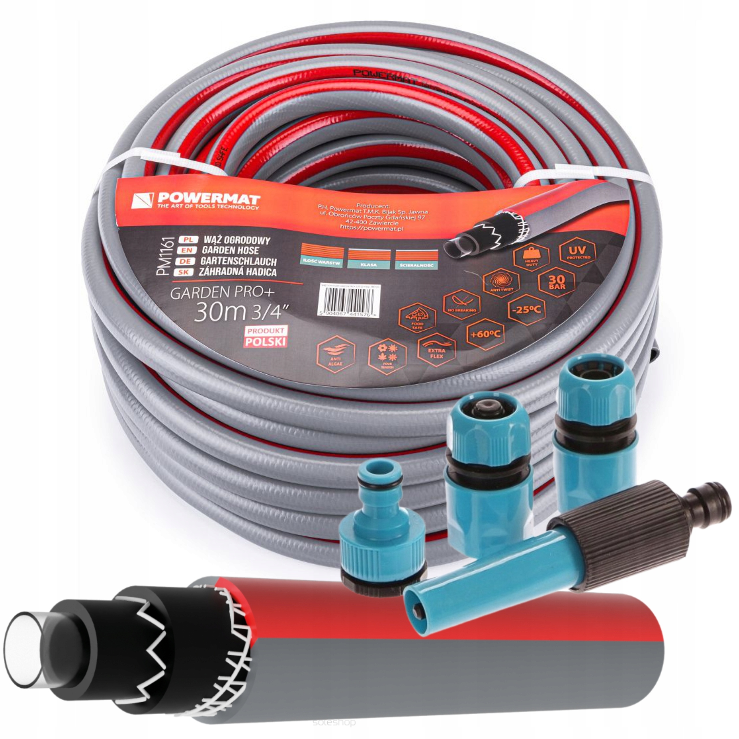 WĄŻ OGRODOWY ZBROJONY 6-WARSTWOWY 30BAR 3/4" 30M + ZŁĄCZKI ZRASZACZ POLSKI