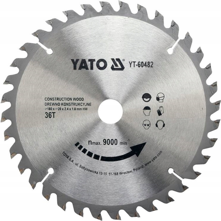 YATO TARCZA WIDIOWA Z WĘGLIKIEM WOLFRAMU DO DREWNA 180X36TX20MM YT-60482