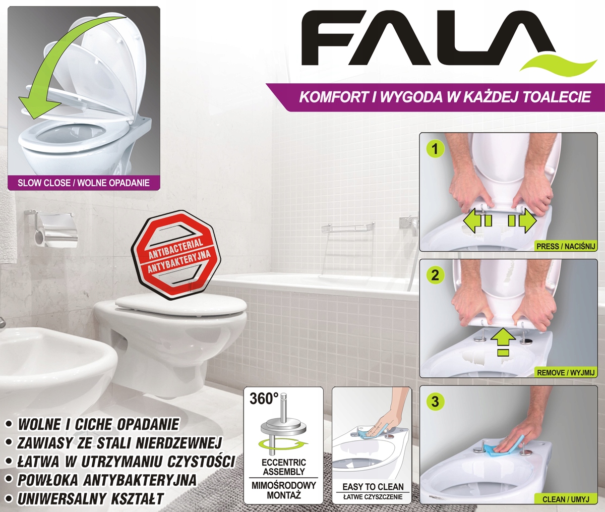 FALA DESKA DO WC WOLNOOPADAJĄCA SEDESOWA TWARDA WYPINANE ZAWIASY FALA 75470