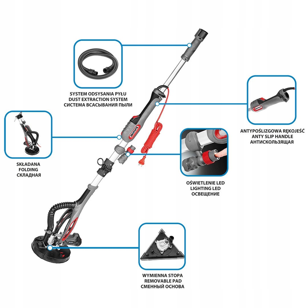 GRAPHITE SZLIFIERKA DO GIPSU GŁĄDZI ŻYRAFA 215MM 710W TELESKOPOWA + PADY