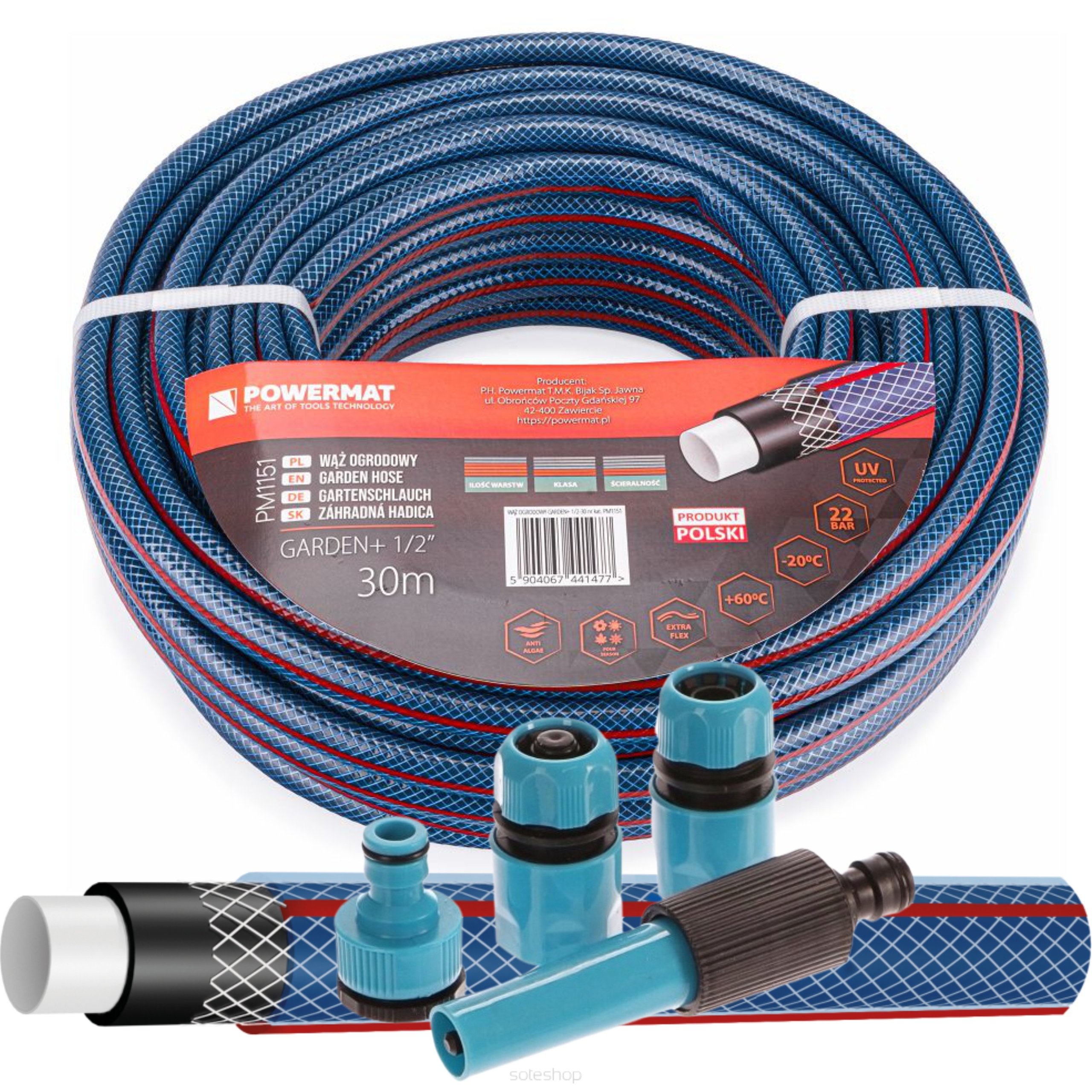 WĄŻ OGRODOWY 3-WARSTWOWY 25BAR 1/2'' 30M DO PODLEWANIA POLSKI + ZŁĄCZKI