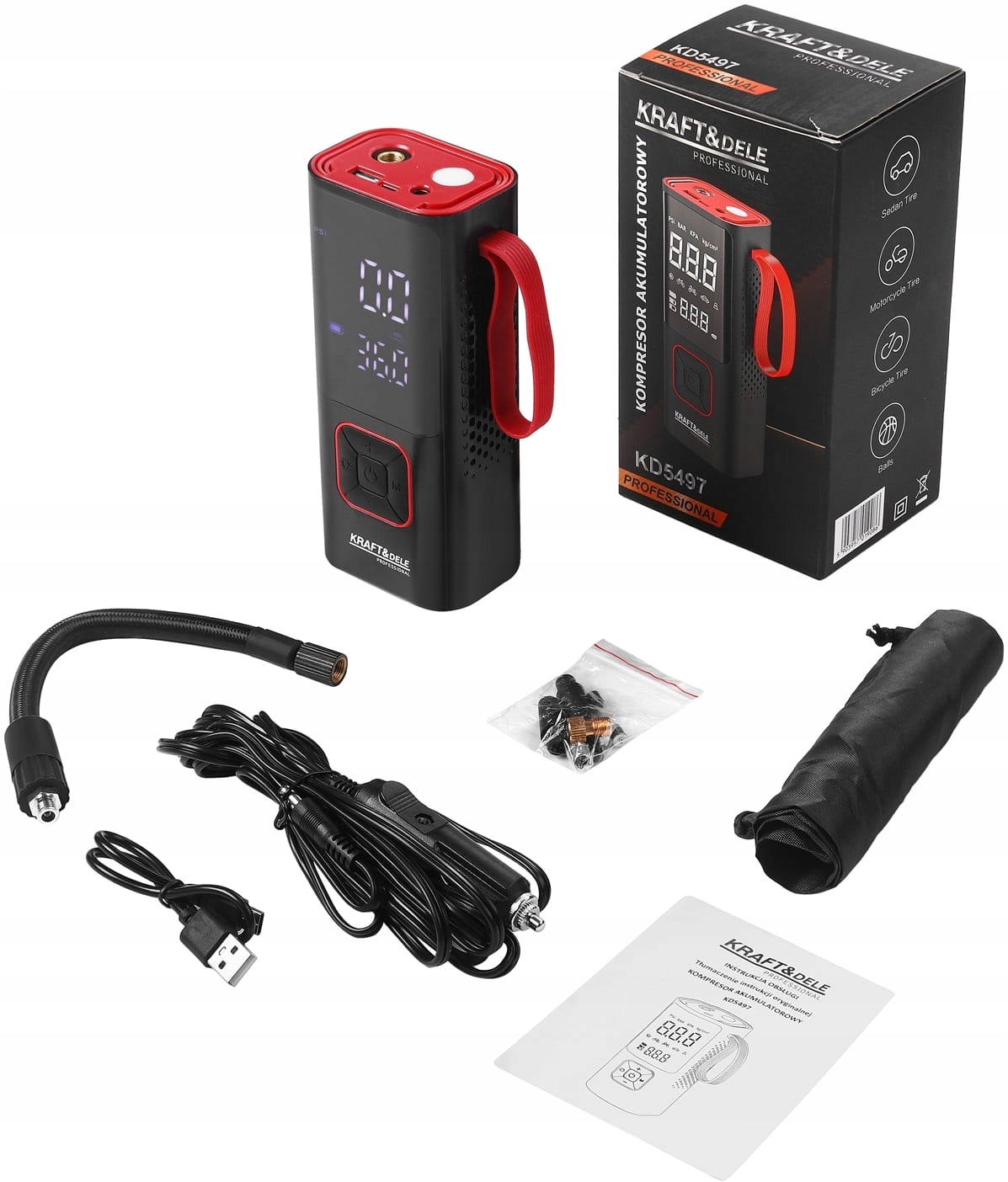 KOMPRESOR AKUMULATOROWY 85W 7800mAh SAMOCHODOWY SPRĘŻARKA POMPKA KD5497