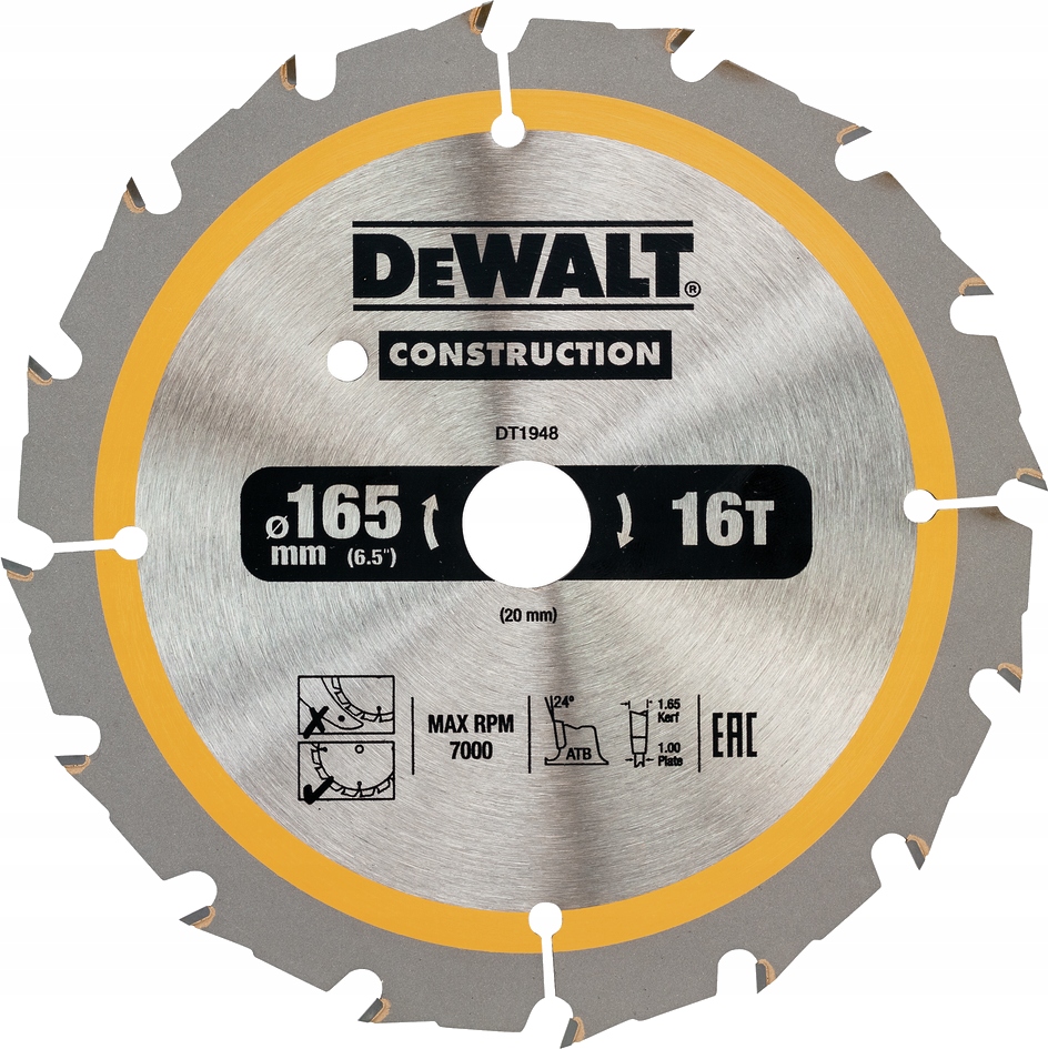 DeWALT tarcza piła do drewna 165mm 20mm 16z DT1948