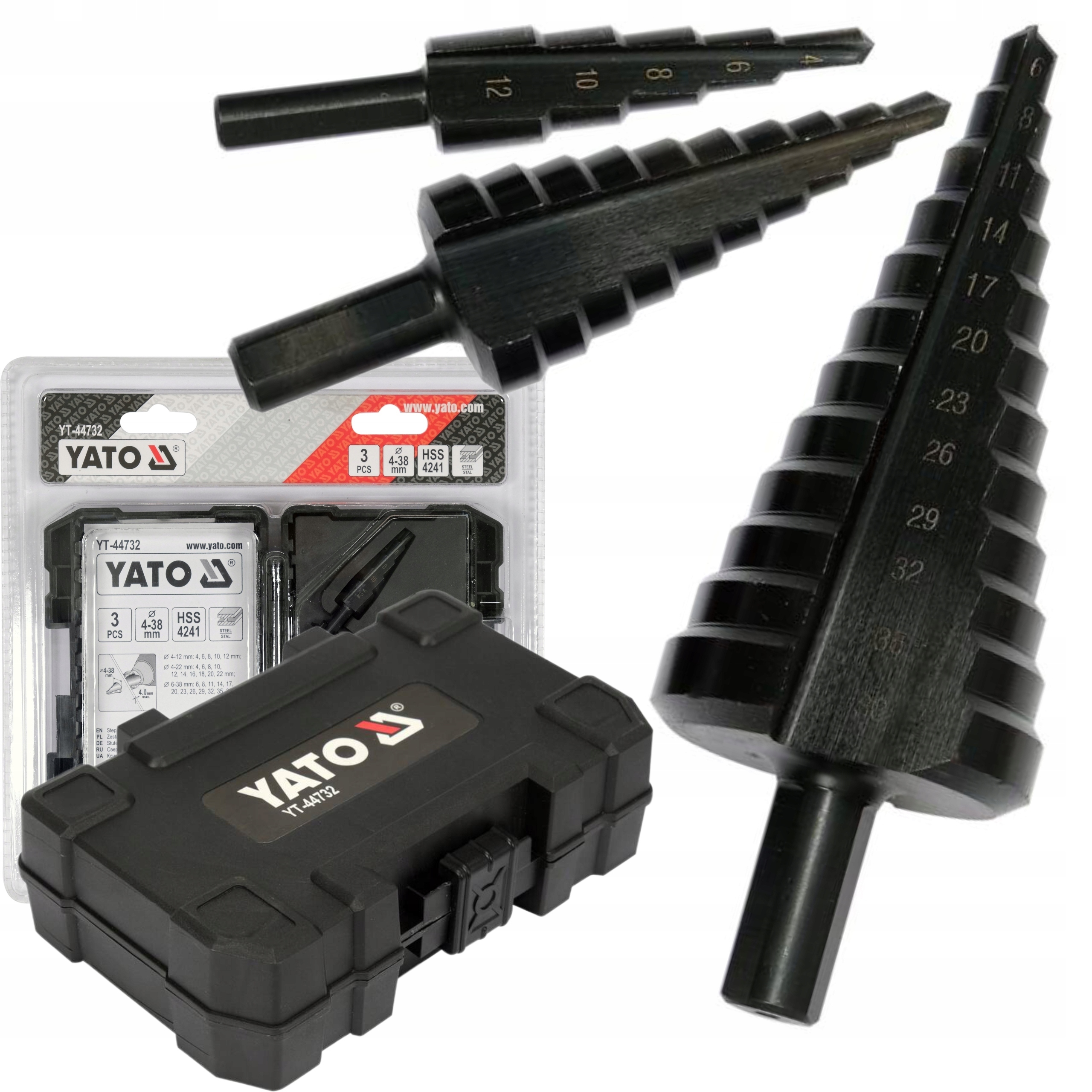 YATO ZESTAW WIERTEŁ STOPNIOWYCH STOŻKOWYCH HSS4241 DO METALU 3SZT. 4-38mm