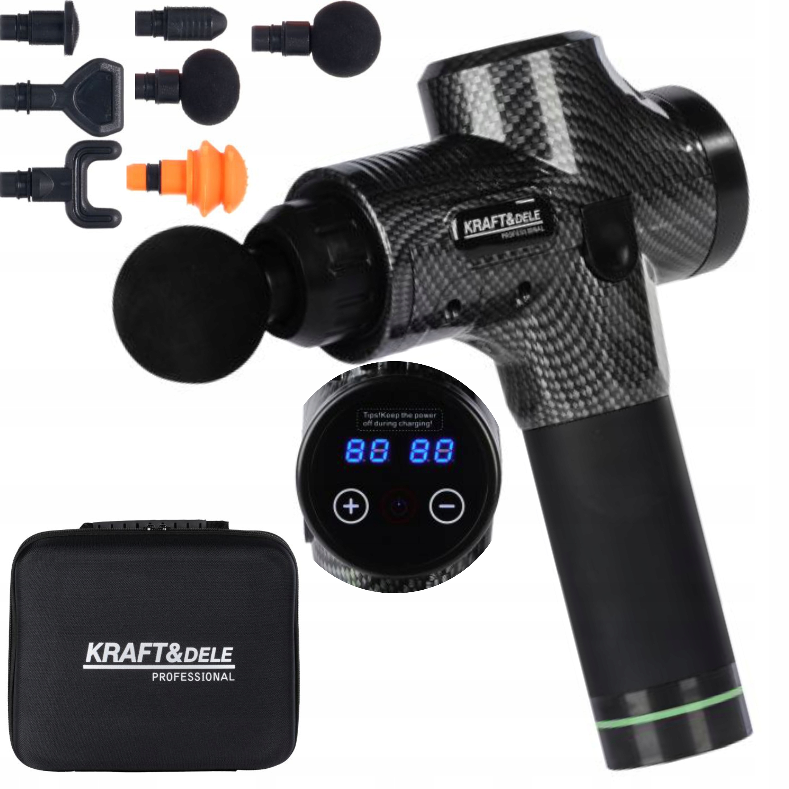 PISTOLET DO MASAŻU MASAŻER DO PLECÓW CIAŁA 250W 7 GŁOWIC 20 PRĘDKOŚCI Etui