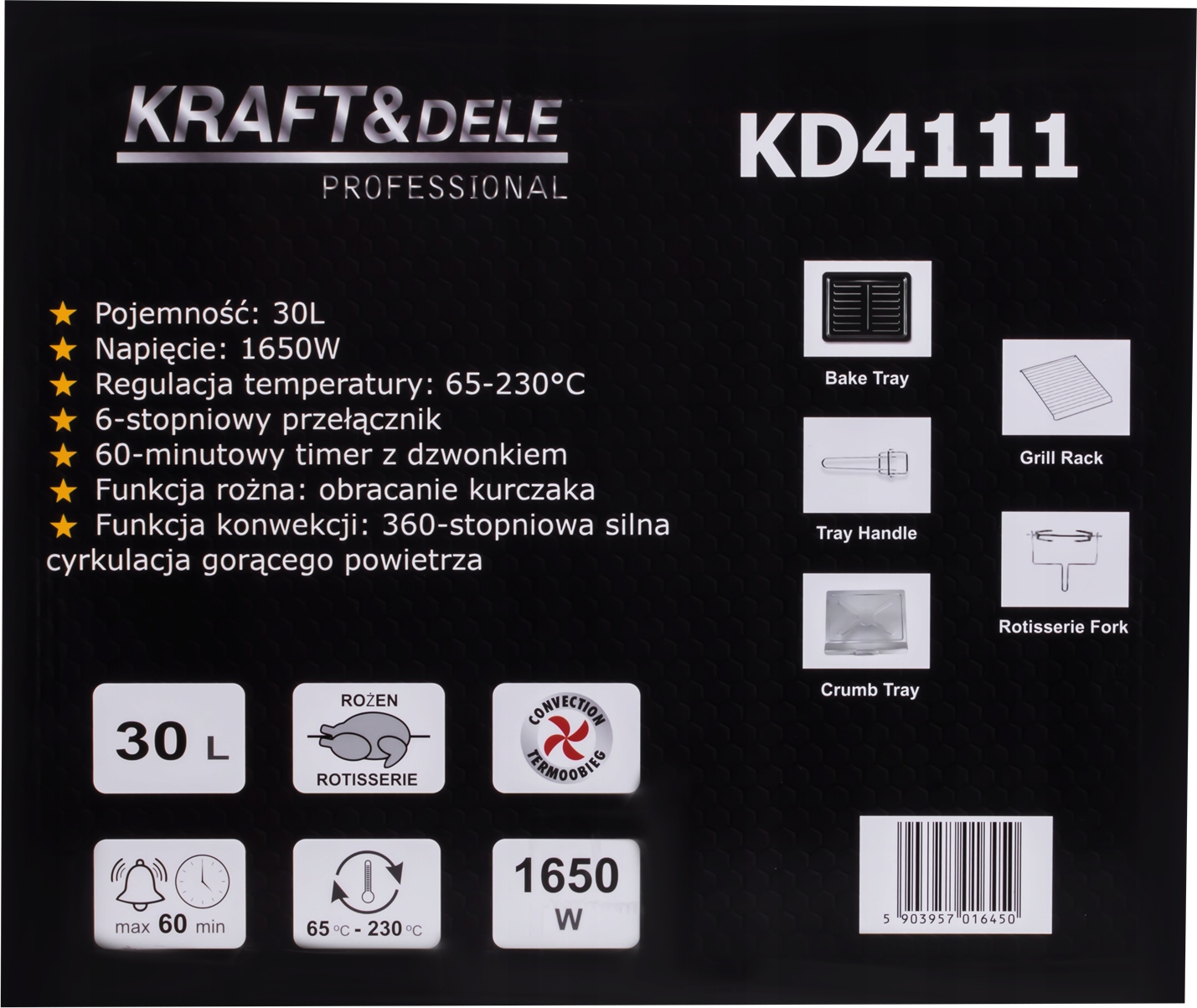 KUCHENKA ELEKTRYCZNA 30L 1650W FUNKCJA ROŻNA+AKCESORIA KRAFTDELE KD4111