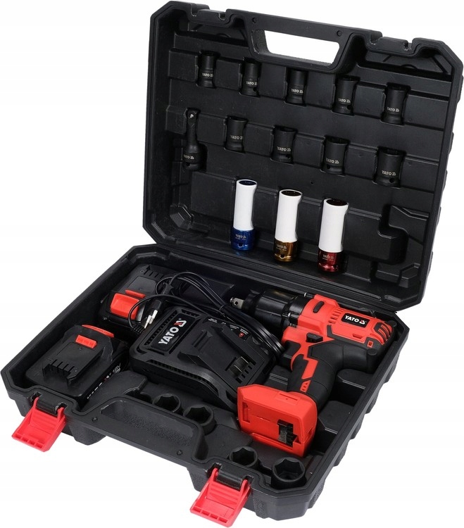 YATO KLUCZ UDAROWY BEZSZCZOTKOWY DO KÓŁ 18V 1/2'' 700nm 2x3Ah + 3 NASADKI