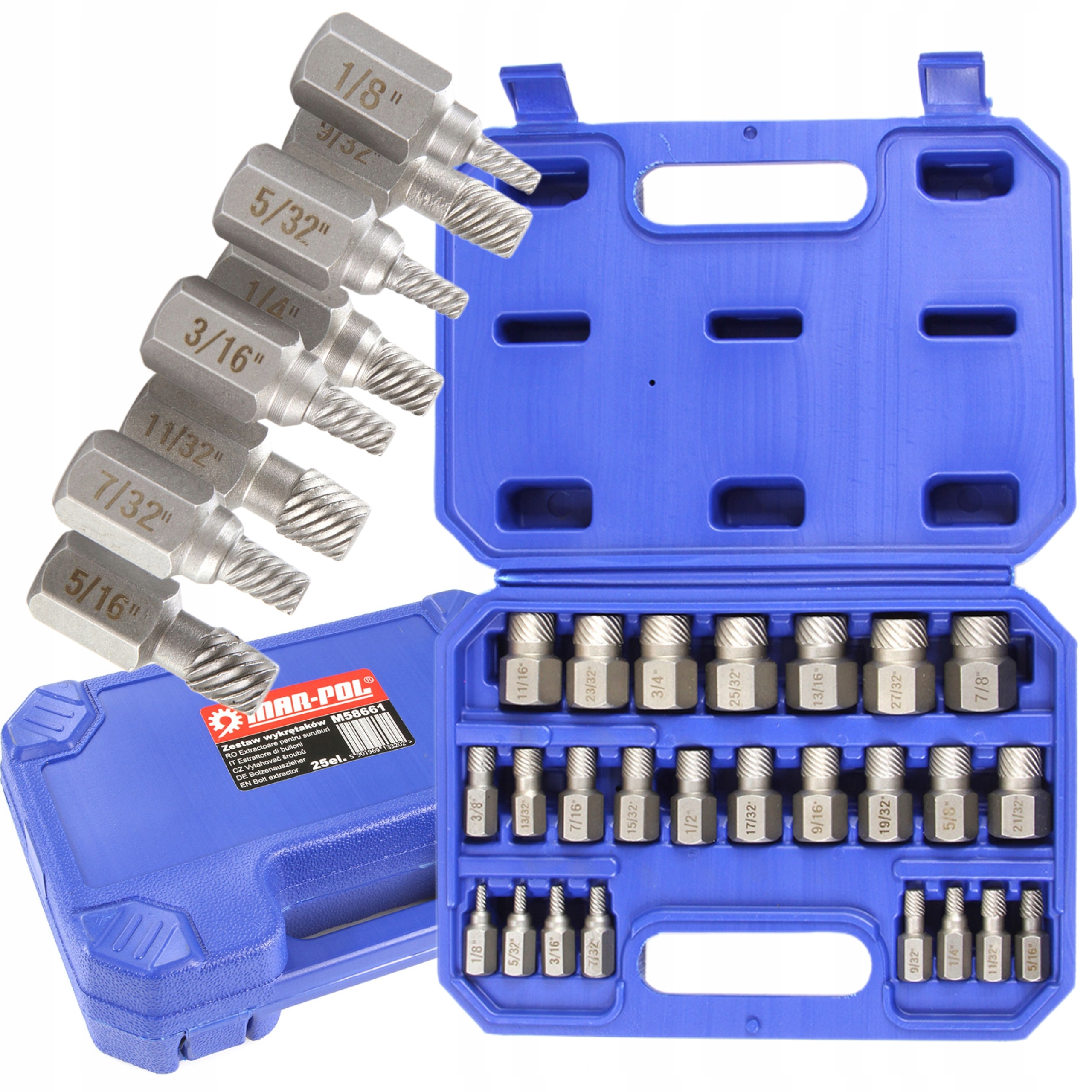 ZESTAW WYKRĘTAKÓW DO USZKODZONYCH ŚRUB WEWNĘTRZNYCH 25SZT 1/8" - 7/8 M58661