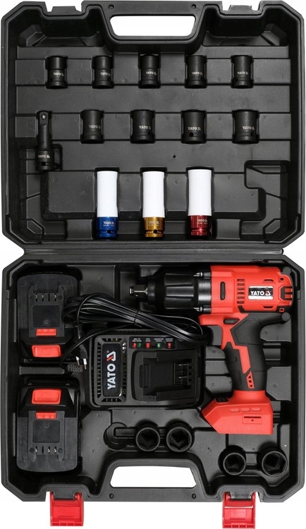 YATO KLUCZ UDAROWY BEZSZCZOTKOWY DO KÓŁ 18V 1/2'' 700nm 2x3Ah + 3 NASADKI