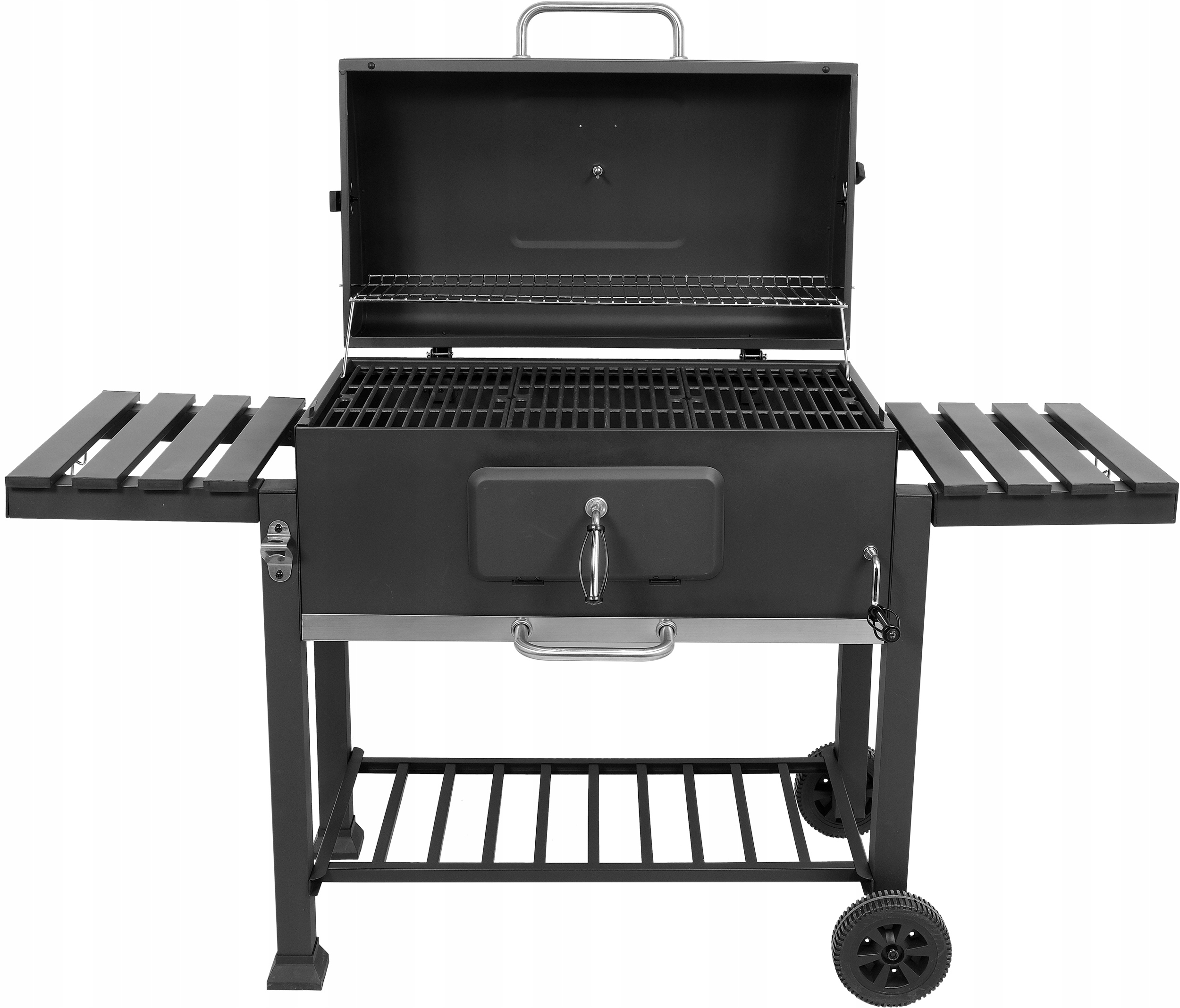 GRILL OGRODOWY WĘGLOWY REGULOWANY BBQ ZAMYKANA POKRYWA DUŻY RUSZT 3 PÓŁKI