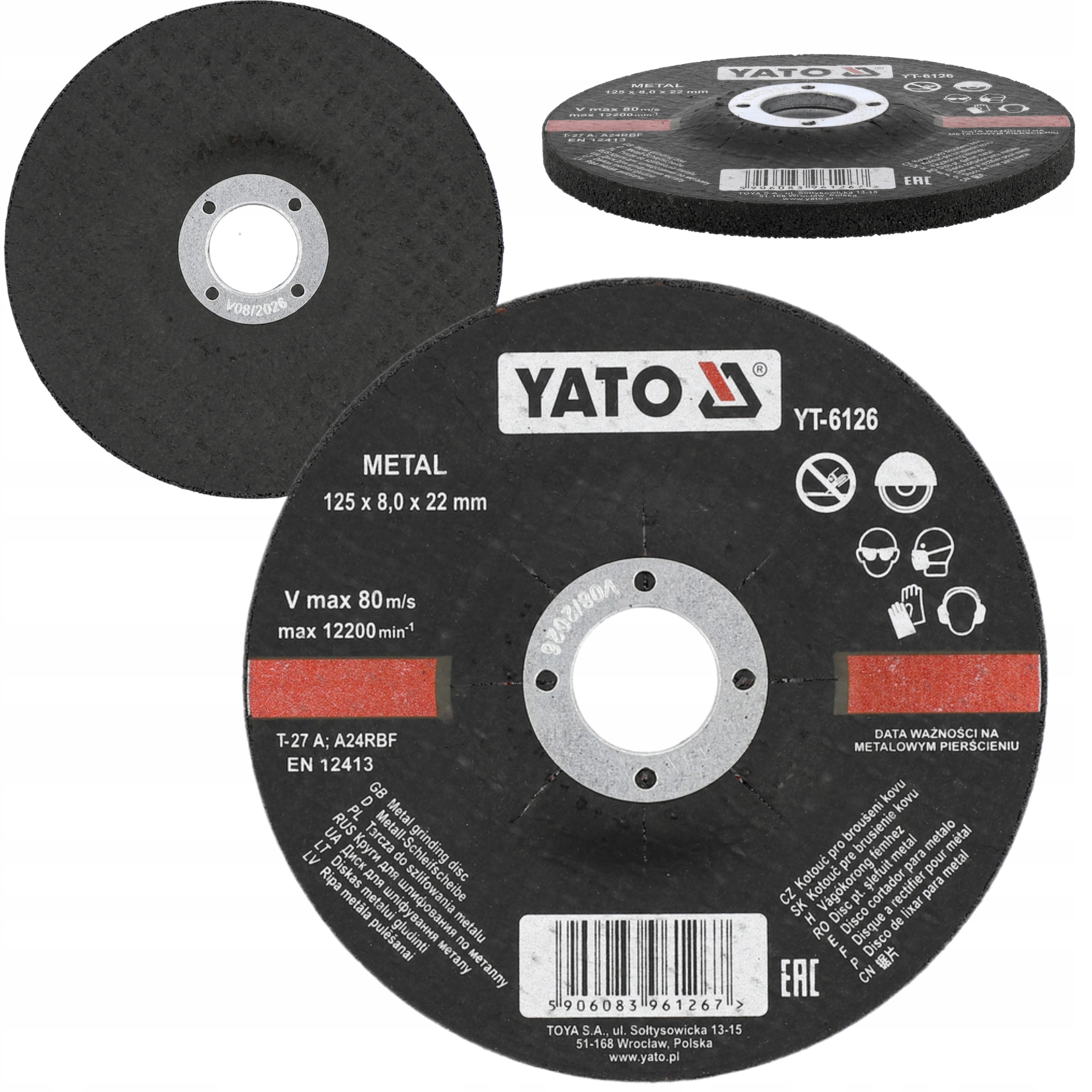 TARCZA SZLIFIERSKA WYPUKŁA DO METALU 125MM 12200RPM MOCOWANIE 22MM YT-6126