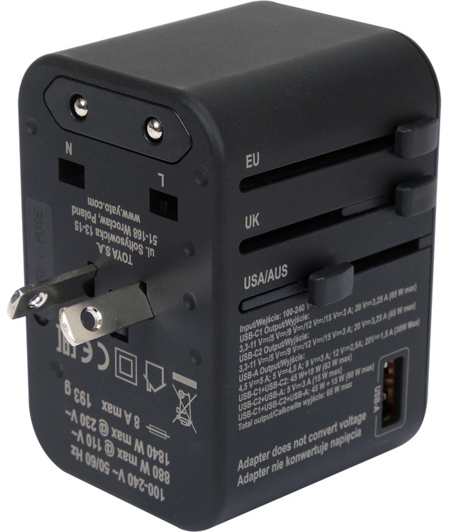 YATO ADAPTER ZASILACZ PODRÓŻNY DO PONAD 150 KRAJÓW USB-C PD 65W YT-81303