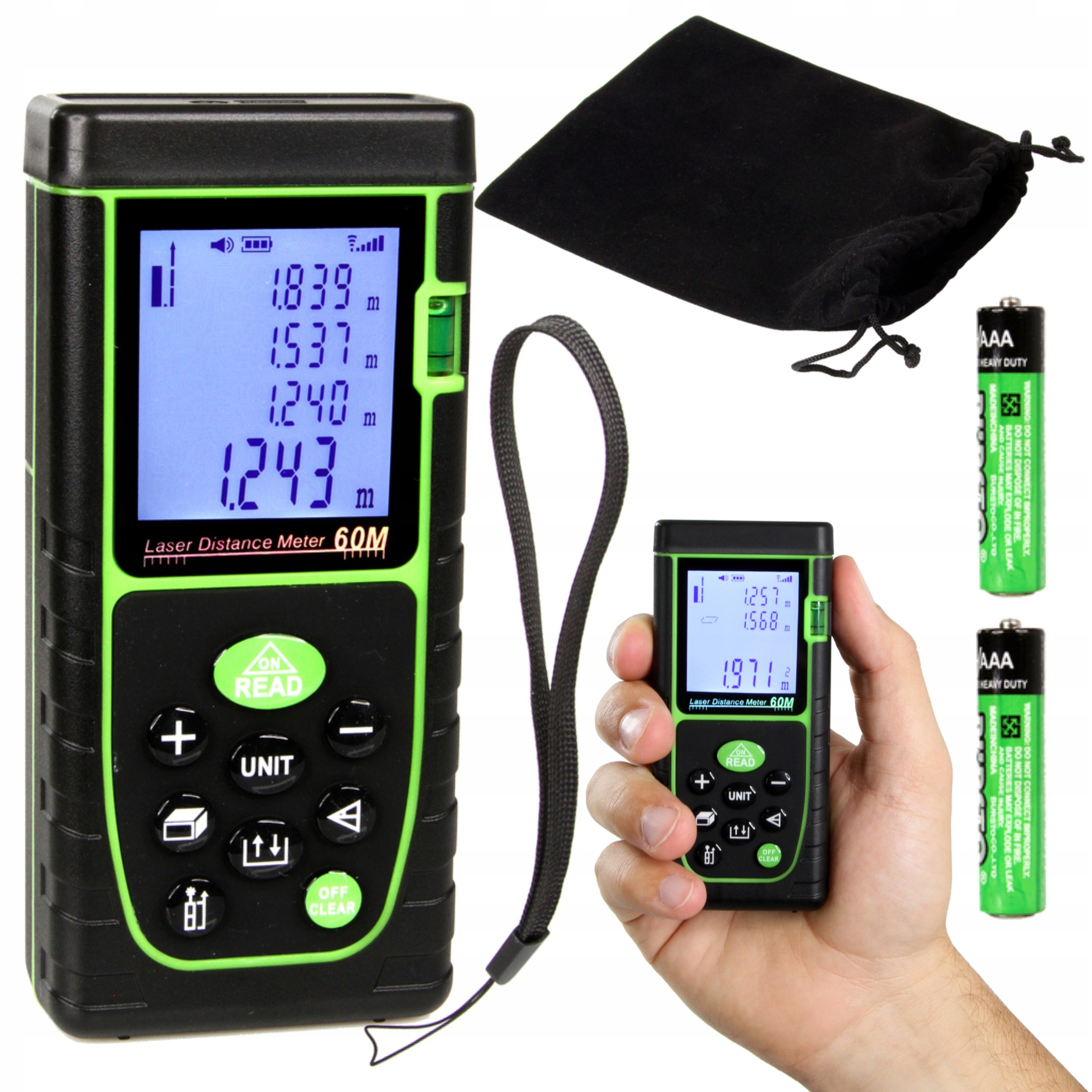 DALMIERZ LASEROWY MIERNIK ODLEGŁOŚCI CYFROWY 60M POZIOMICA WODOODPORNY LCD