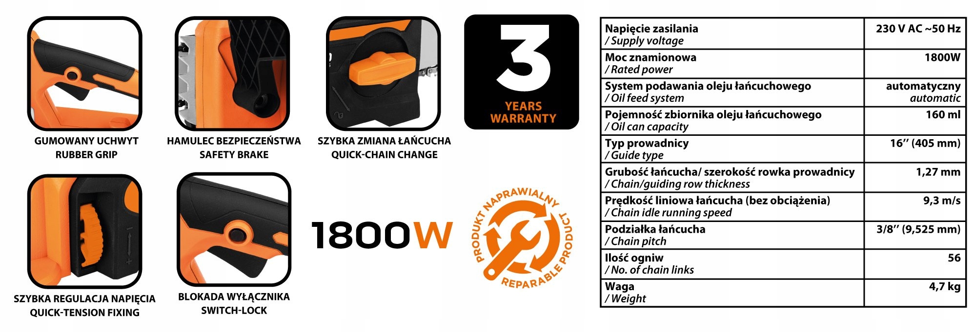 NEO PILARKA ŁAŃCUCHOWA 1800W, DO DREWNA GAŁĘZIÓWKA PROWADNICA 405MM 04-632