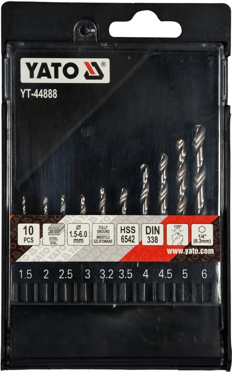 YATO ZESTAW KOMPLET WIERTŁA DO METALU HSS 1.5mm-6mm HEX 10SZT. YT-44888