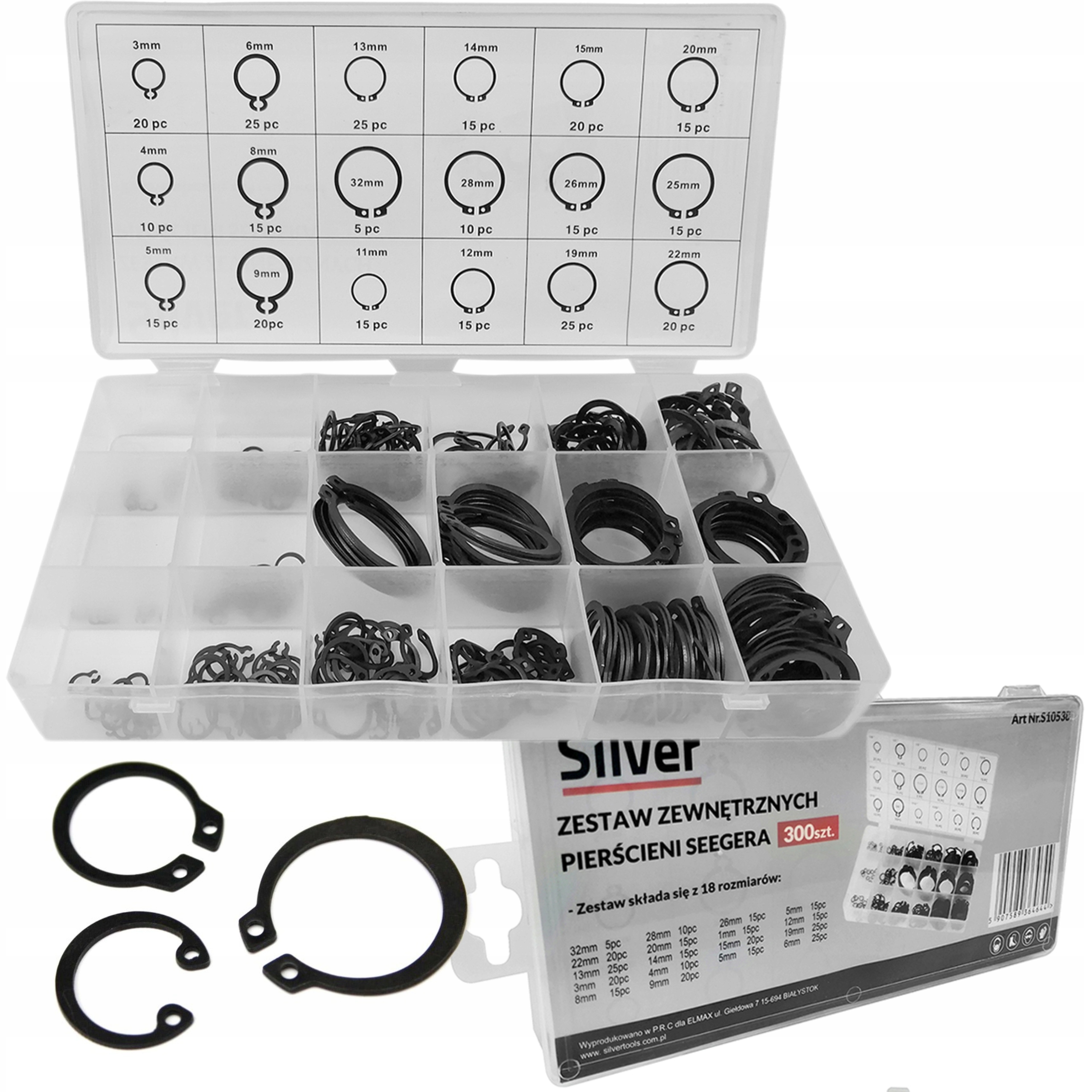 ZESTAW PIERŚCIENIE SEGERA ZEWNĘTRZNE 300SZT 18 ROZMIARÓW ORGANIZER S10538