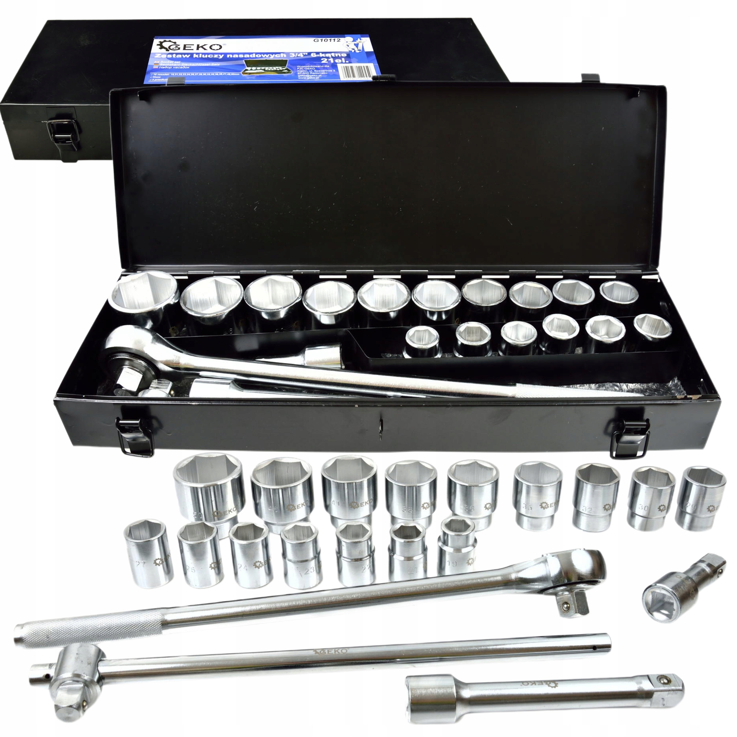 GEKO ZESTAW KLUCZY NASADEK 21EL 3/4" 6-KĄT. 19-50MM METALOWA WALIZKA G10112