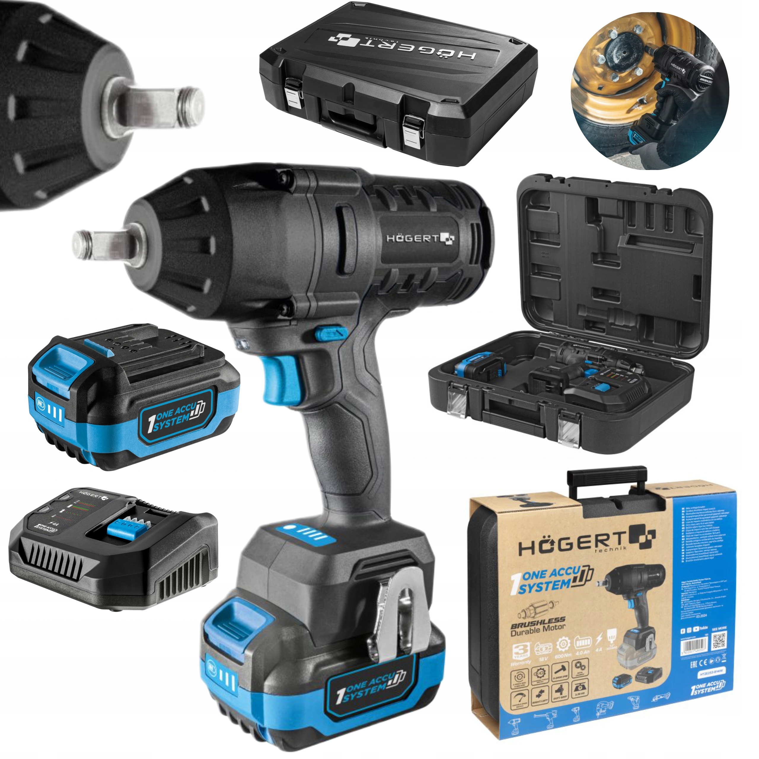 HOEGERT ZESTAW KLUCZ UDAROWY 600Nm 1/2" +4Ah AKUMULATOR 18V WALIZKA HT2E253