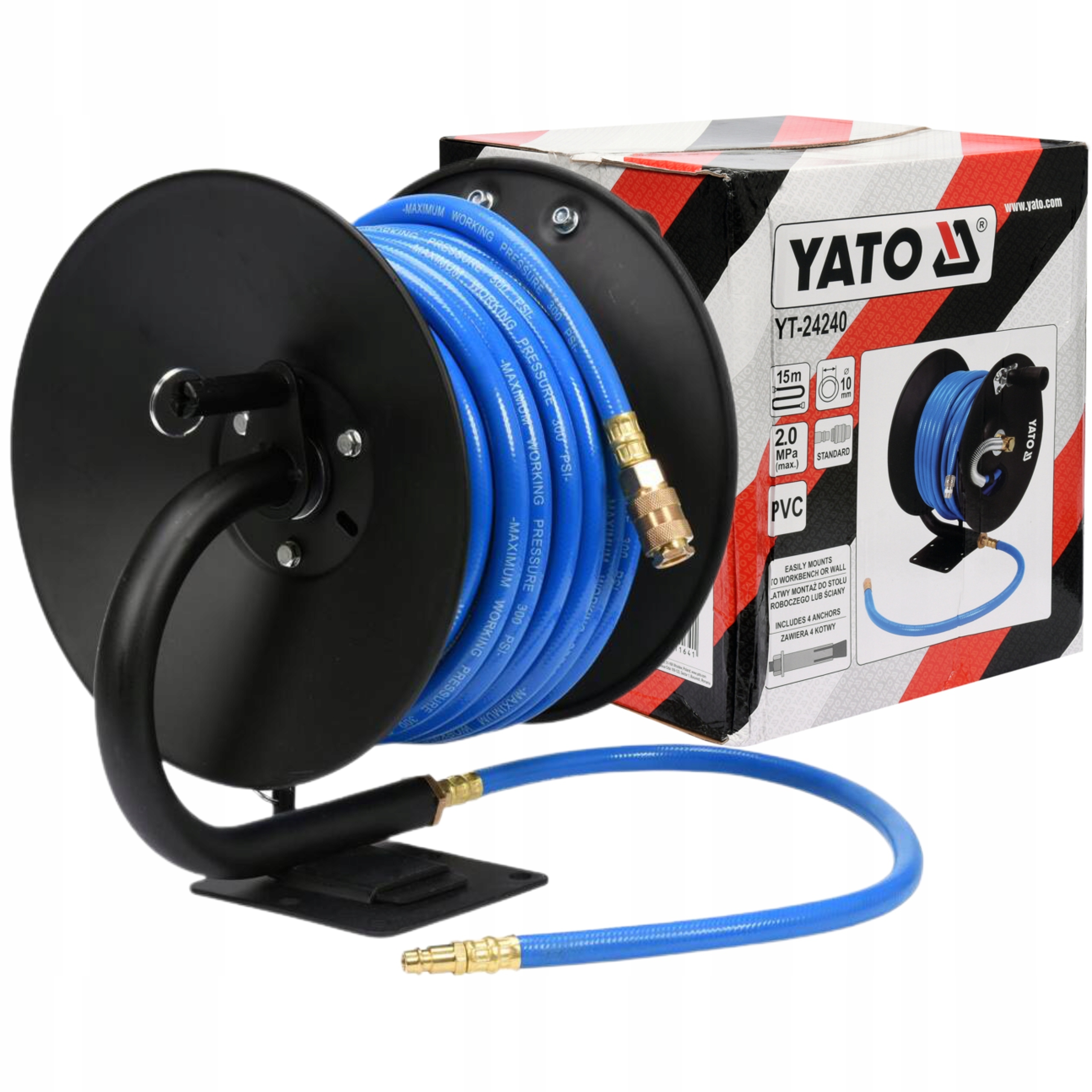 YATO WĄŻ PNEUMATYCZNY NA ZWIJAKU 10MM X 15M Z SZYBKOZŁĄCZAMI PRZEWÓD BĘBEN