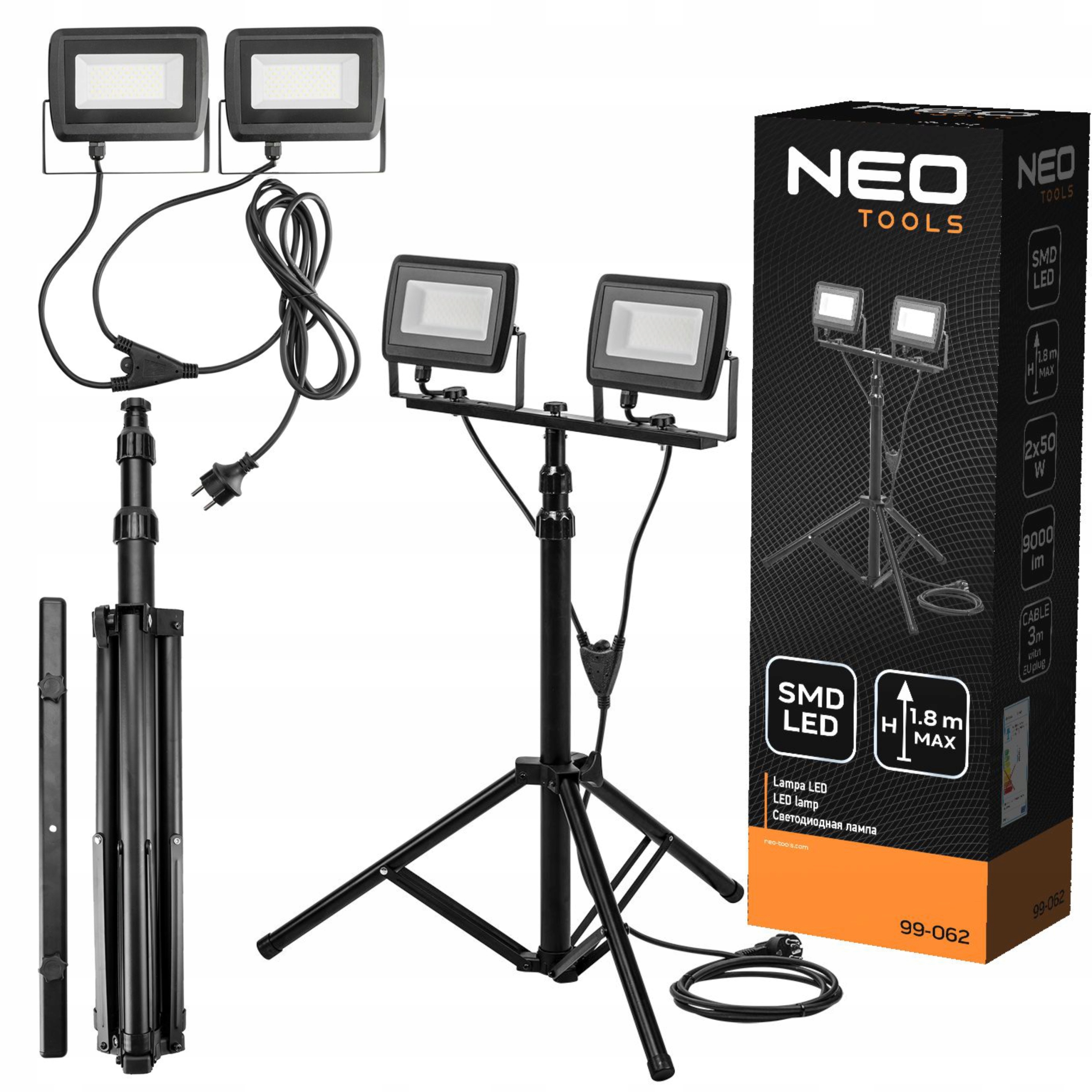 NEO REFLEKTOR PODWÓJNY 2X50W SMD LED +STATYW 1.8M