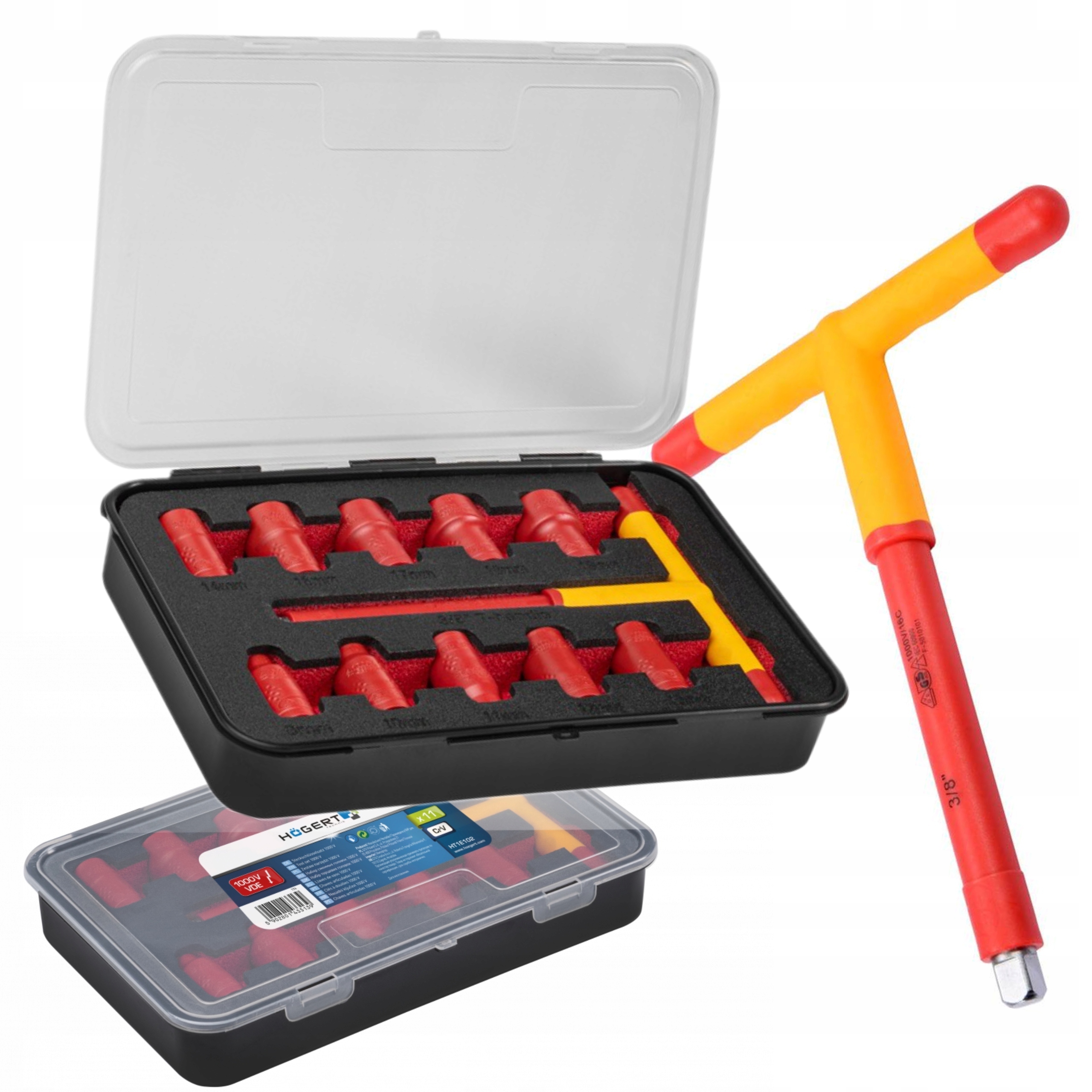 HOEGERT ZESTAW NASADEK IZOLOWANYCH 11e KLUCZ T CERTYFIKAT VDE 1000V HT1E102