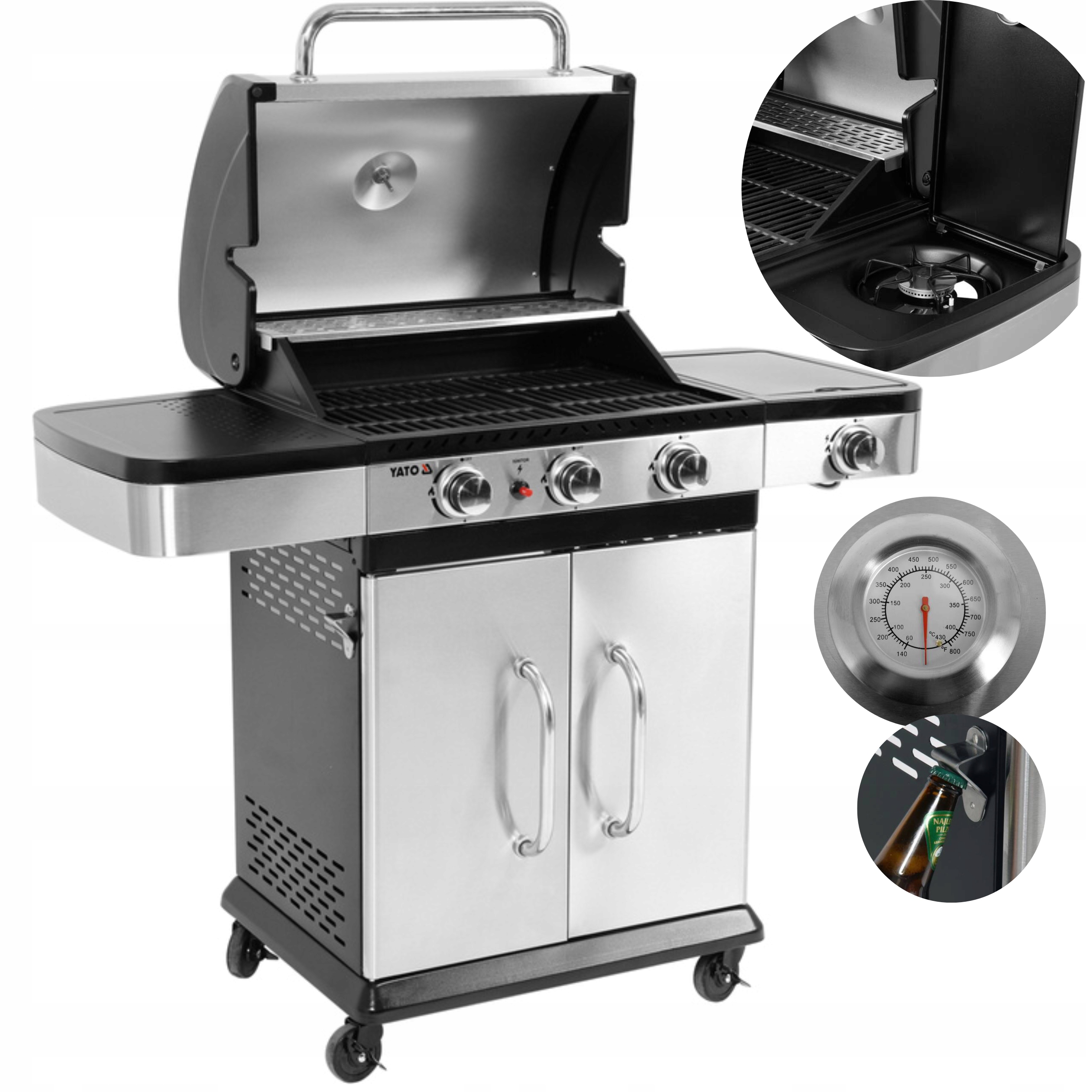 YATO GRILL GAZOWY 3+1 STAL NIERDZEWNA 11,2KW Z MIEJSCEM NA BUTLE YG-20018