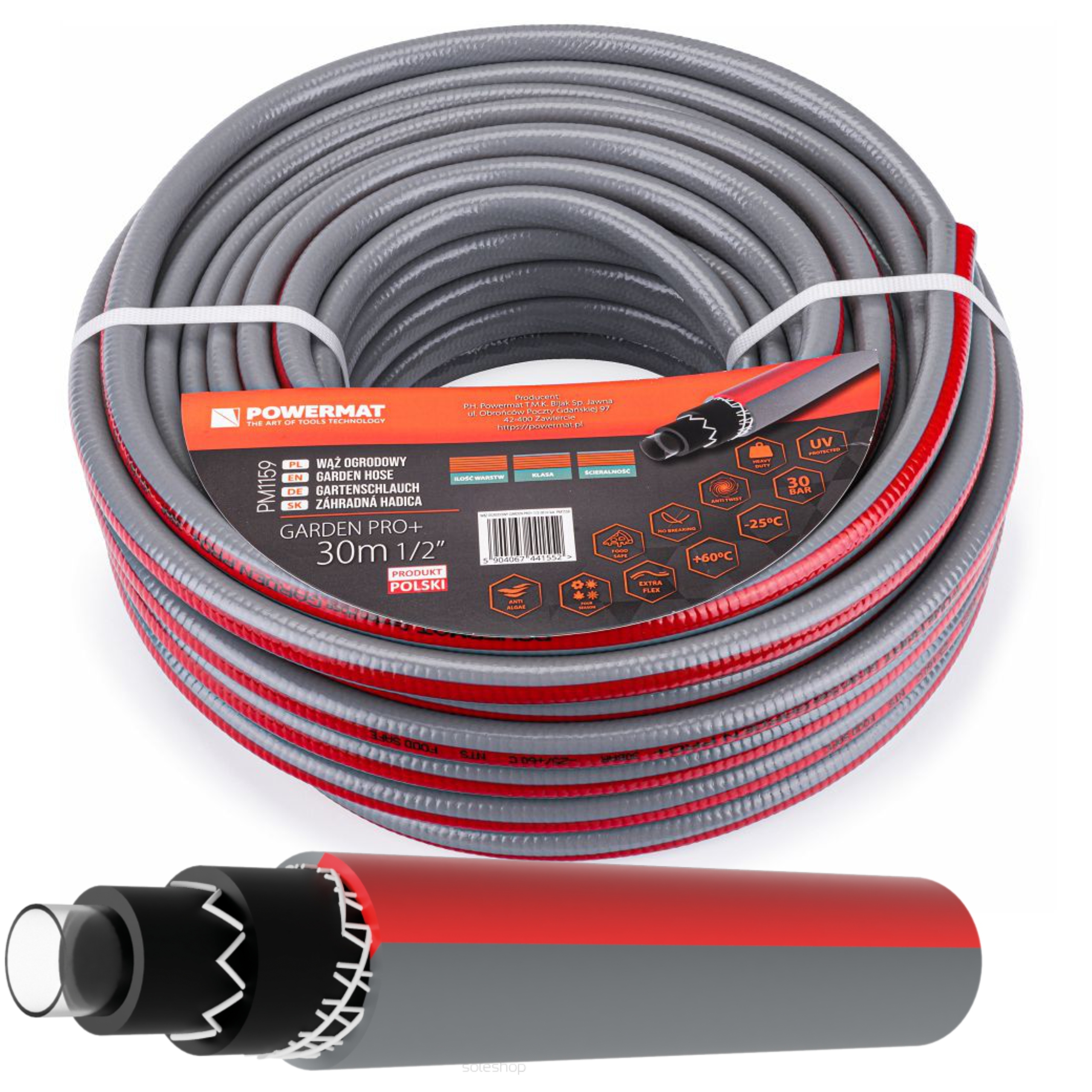 WĄŻ OGRODOWY ZBROJONY 6-WARSTWOWY 30BAR 1/2'' 30M ELASTYCZNY PRODUKT POLSKI