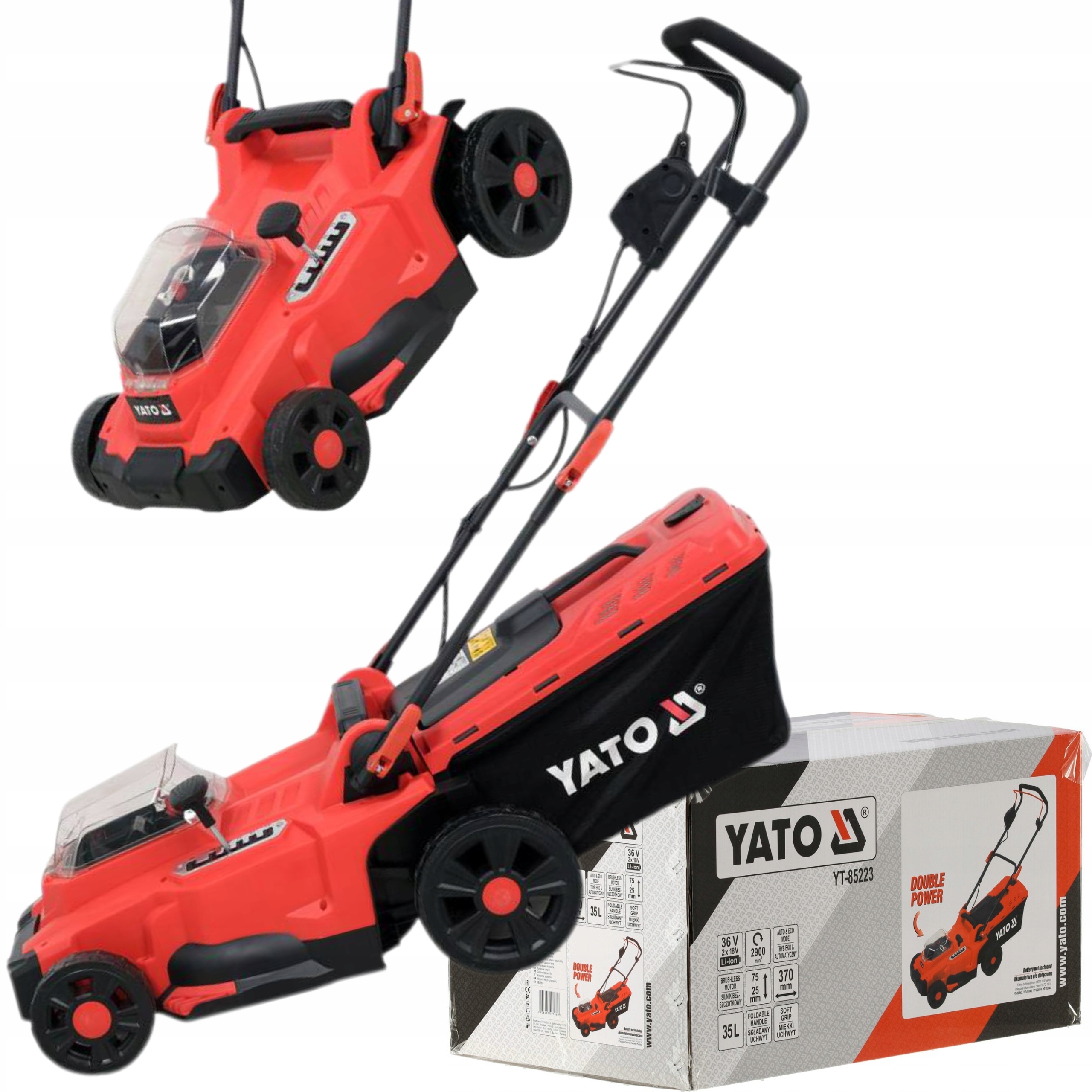 YATO KOSIARKA AKUMULATOROWA BEZSZCZOTKOWA DO TRAWY 18V 2x18V 37CM KOSZ 35L