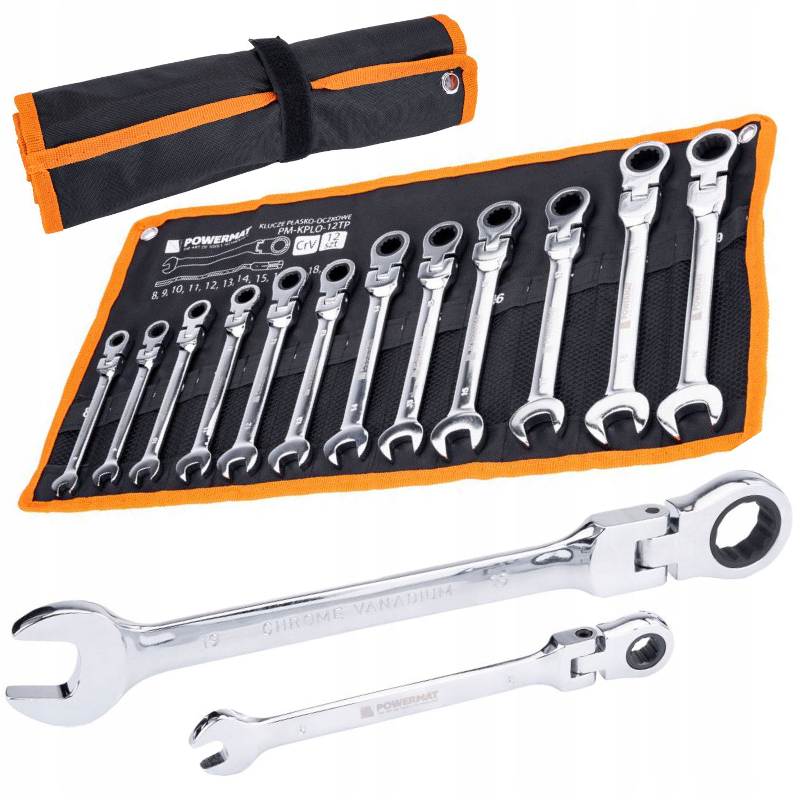 KLUCZE PŁASKO OCZKOWE Z GRZECHOTKĄ ŁAMANE 8-19mm 12 SZTUK+PŁACHTA KPLO-12TP