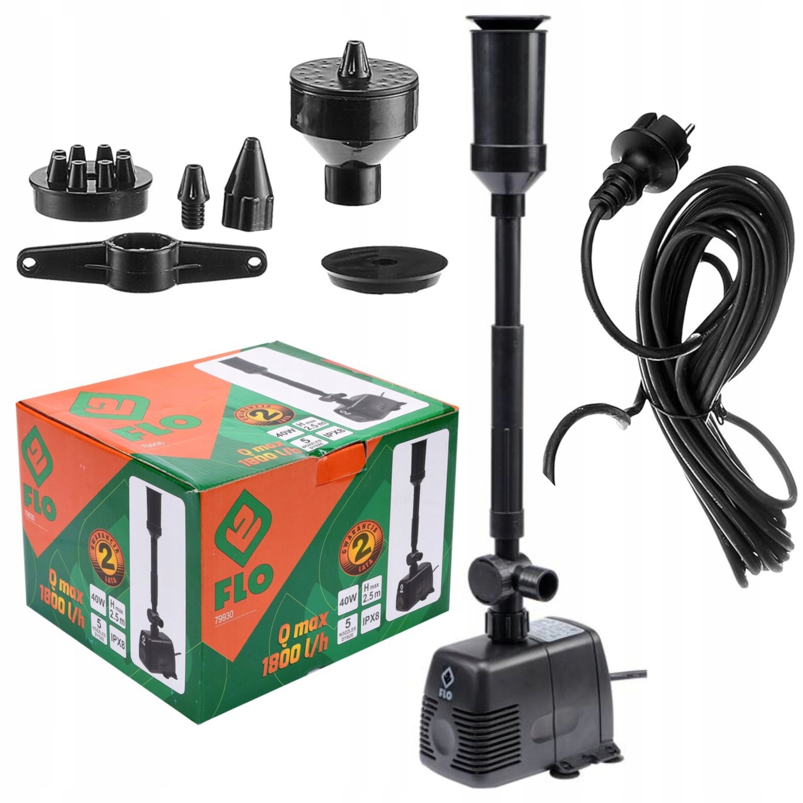 POMPA FONTANNA OGRODOWA 40W MAX 2,5m + KOŃCÓWKI 10m KABEL FLO 79930