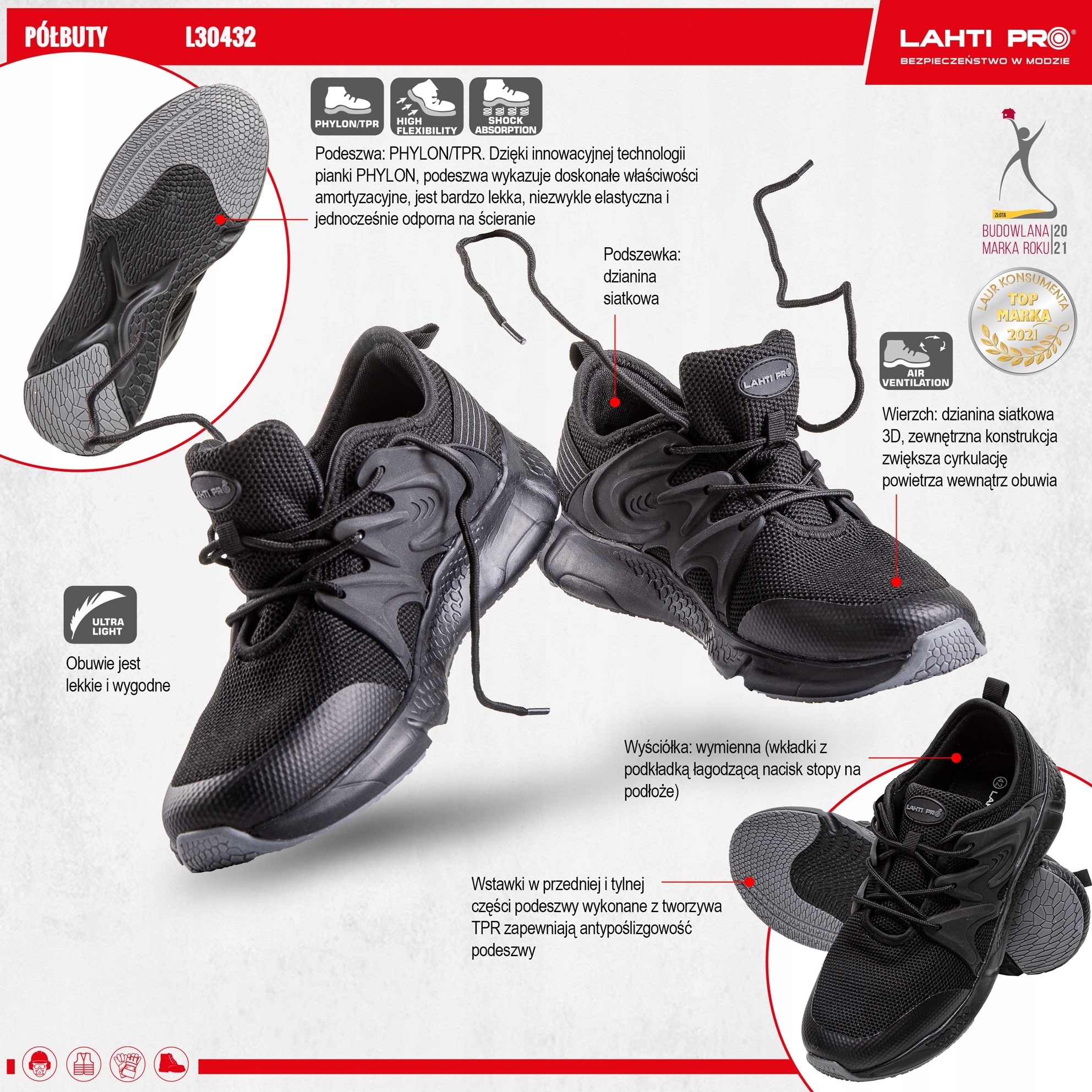 LAHTI PRO BUTY PÓŁBUTY PRZEWIEWNE SPORTOWE ROBOCZE CZARNE L30432 r. 41