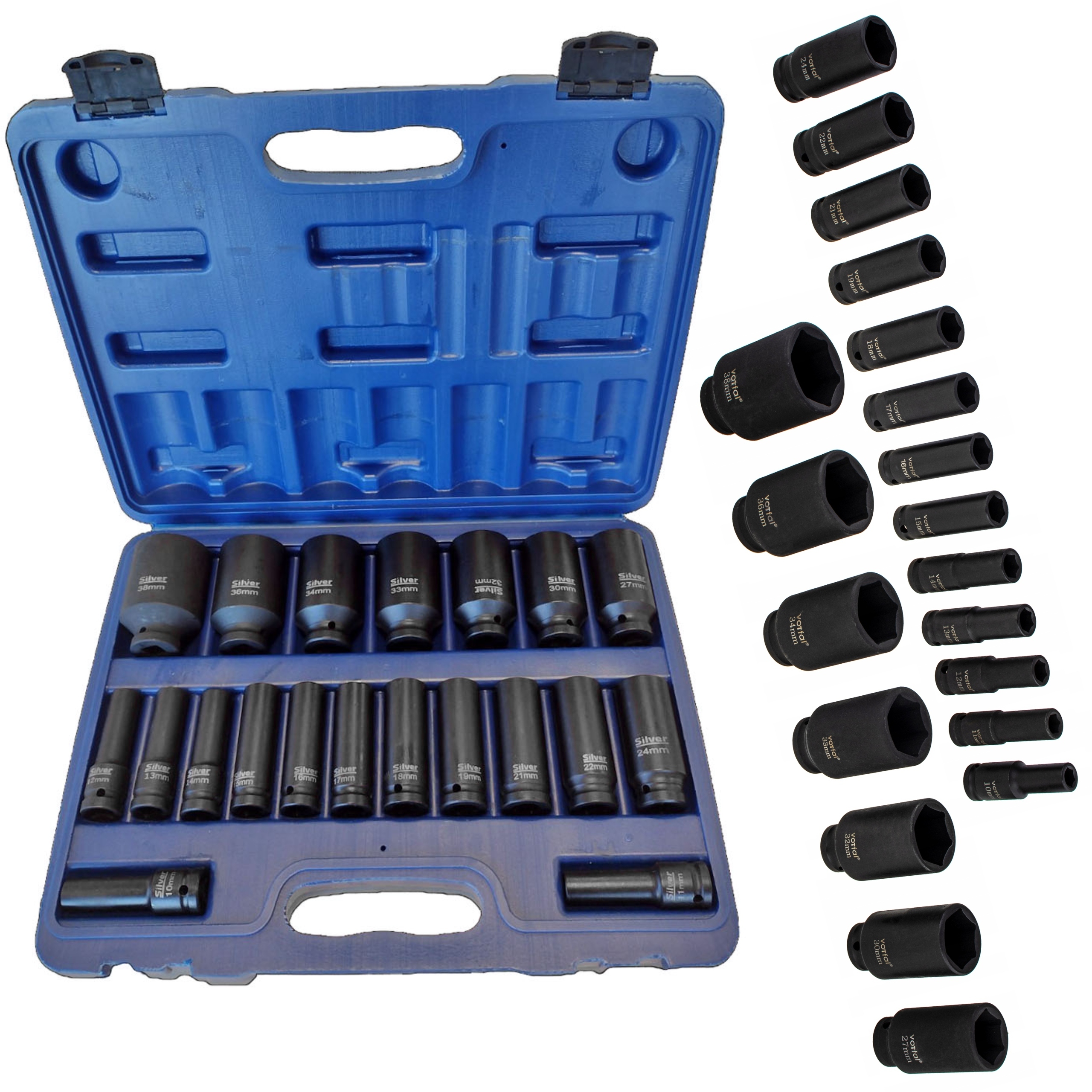 NASADKI UDAROWE DŁUGIE KLUCZE 1/2" cala ZESTAW NASADEK 10mm-38mm 20SZT
