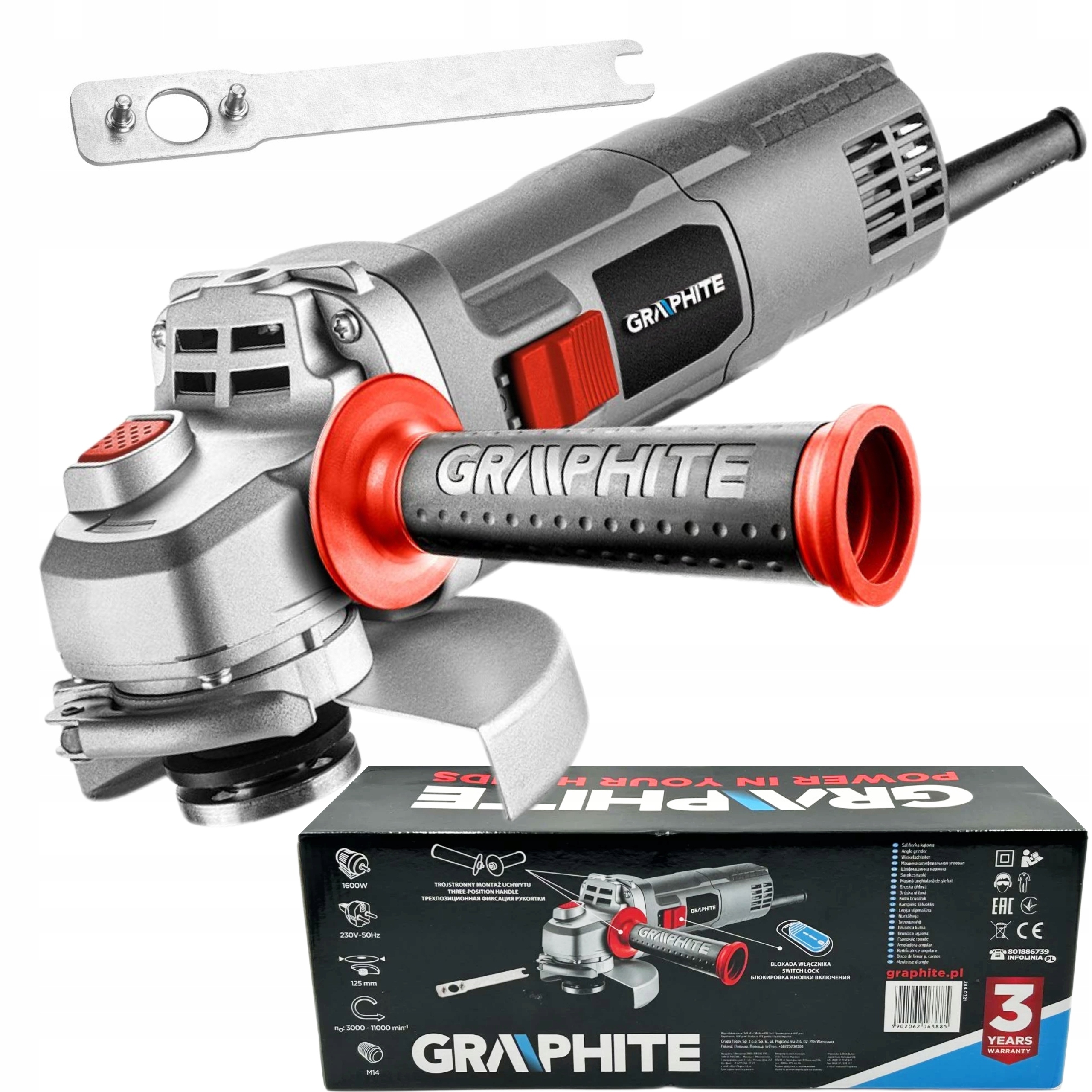 GRAPHITE SZLIFIERKA KĄTOWA 1600W TARCZA 125x22.2 mm 3000-11000rpm 59G188