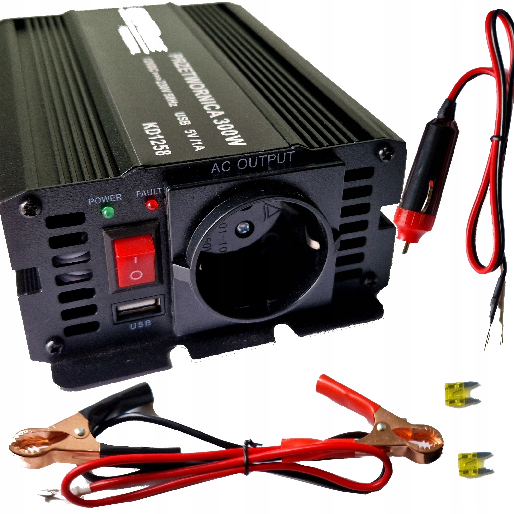 PRZETWORNICA SAMOCHODOWA NAPIĘCIA 12V 230V 300W + kable do akumulatora