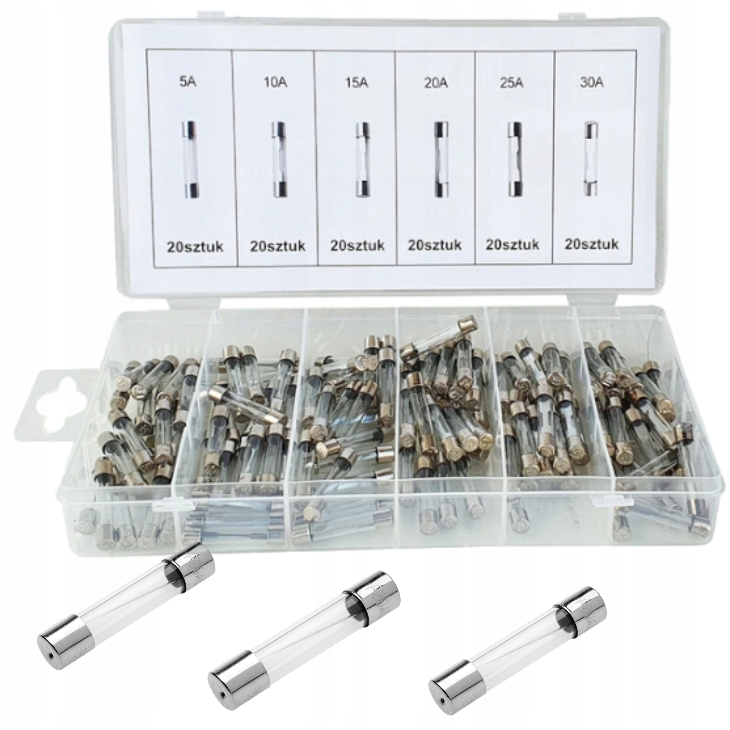 ZESTAW BEZPIECZNIKÓW SZKLANYCH WTA-F 5-30A 120szt 6 RODZAJI NATĘŻENIA PRĄDU