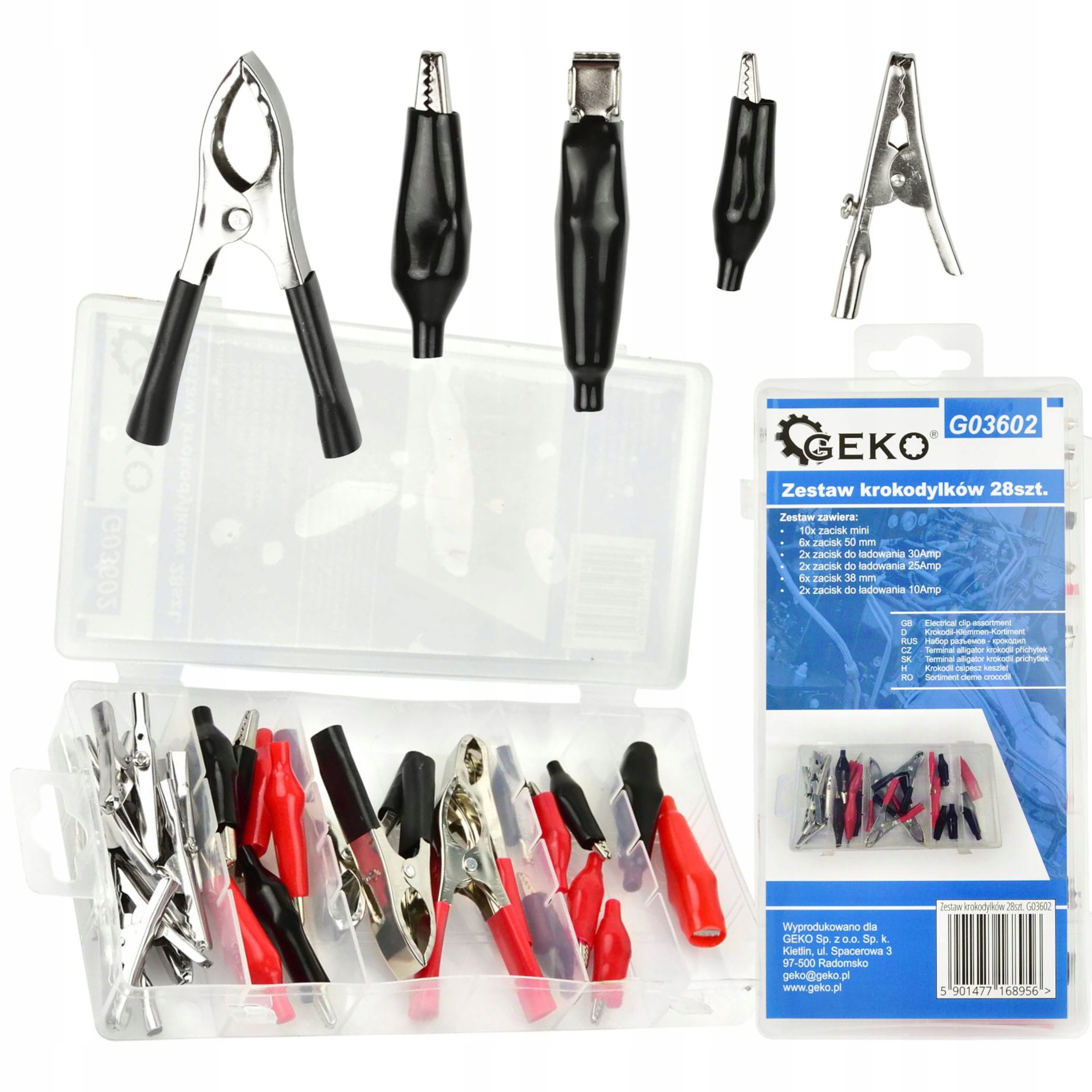GEKO ZESTAW KOMPLET KROKODYLKÓW ELEKTRYCZNYCH 28 SZTUK ORGANIZER G03602
