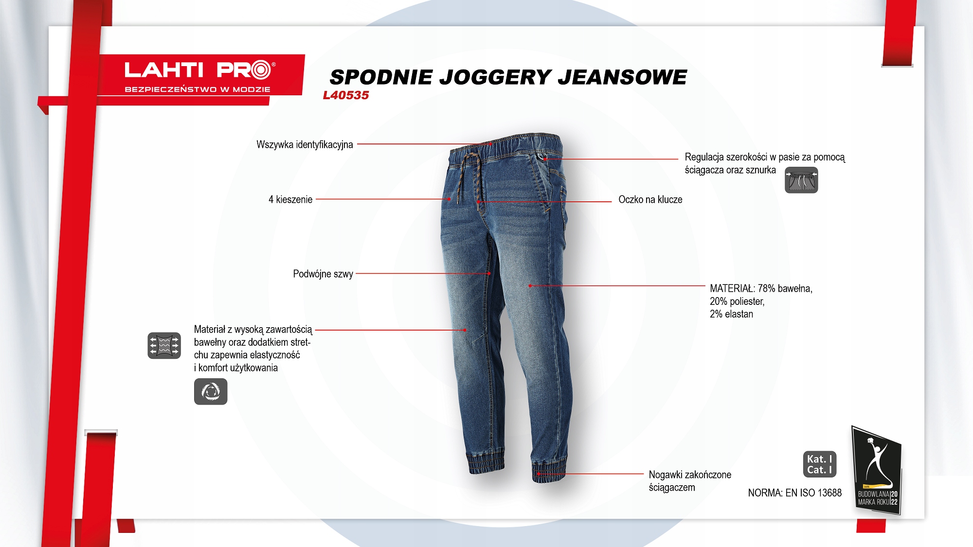 LAHTI PRO SPODNIE ROBOCZE JOGGERY JEANSOWE NIEBIESKIE STRETCH L40535 R. S