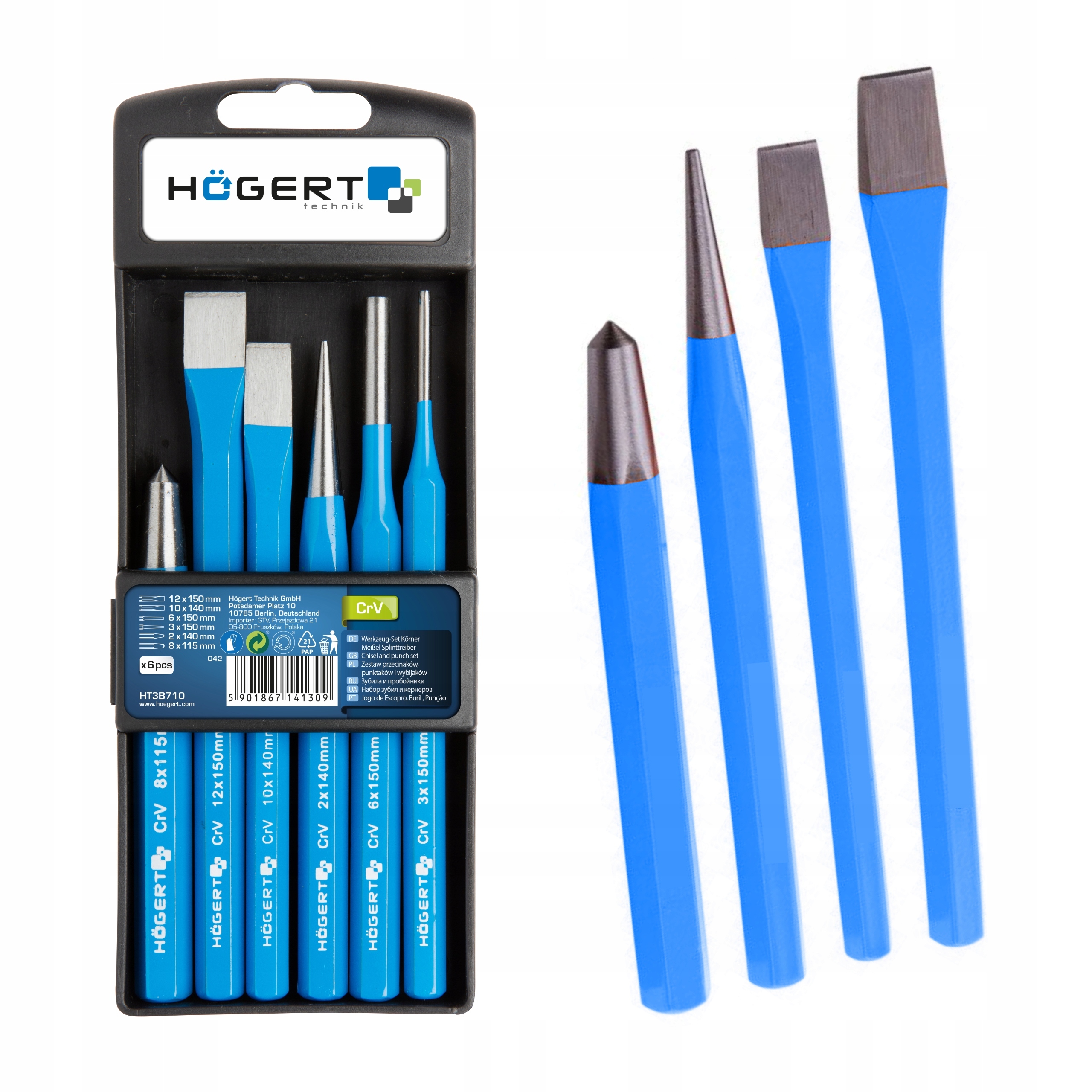 HOGERT ZESTAW KOMPLET PRZECINAKÓW, PUNKTAKÓW WYBIJAKÓW STALOWE 6 EL HT3B710