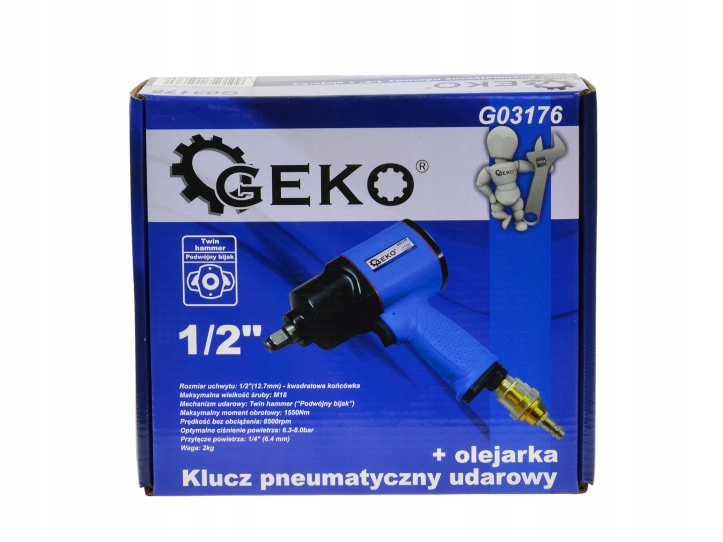 GEKO KLUCZ PNEUMATYCZNY UDAROWY 1/2" DO KÓŁ 1550 NM + OLEJARKA G03176