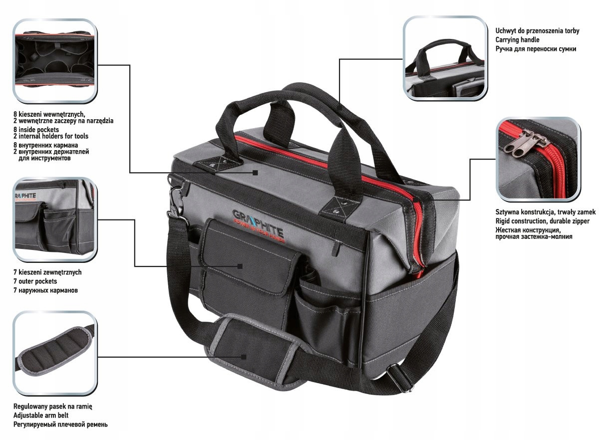 GRAPHITE ŚREDNIA TORBA 18,5 L 7 kieszeni NA ELEKTRONARZĘDZIA ENERGY+ 58G092