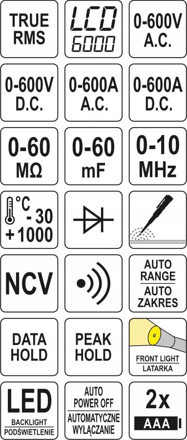 YATO MIERNIK CYFROWY CĘGOWY MULTIMETR LCD TRU RMS Z AUTOMAT. ZAKRESEM 600A